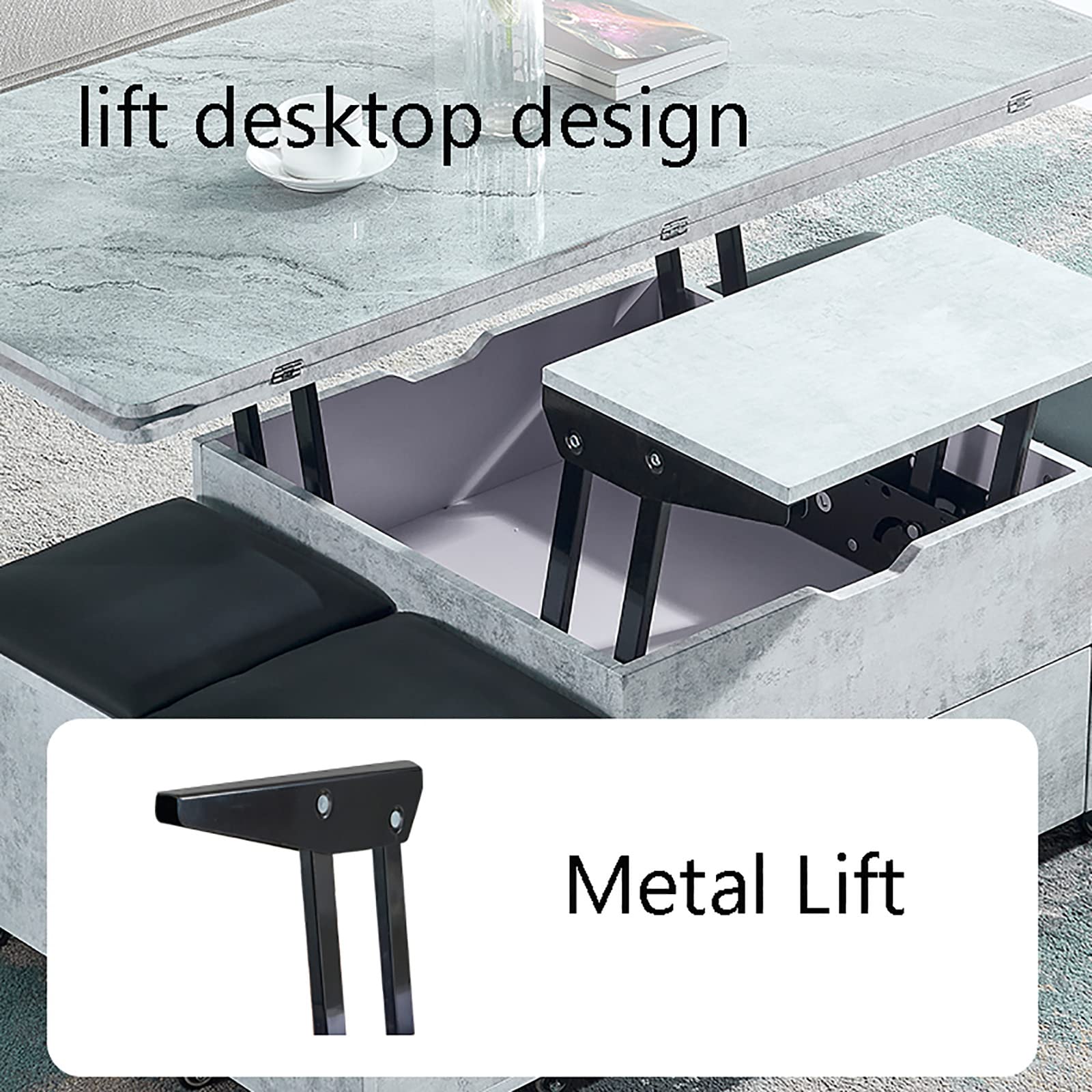 CAYJ Lift-Top Coffee Table with Hidden Storage & 4 Stools - Multifunctional Living Room & Dining Table in Grey with Orange Stitching - Perfect for Small Spaces, Home Office, and Entertaining Guests