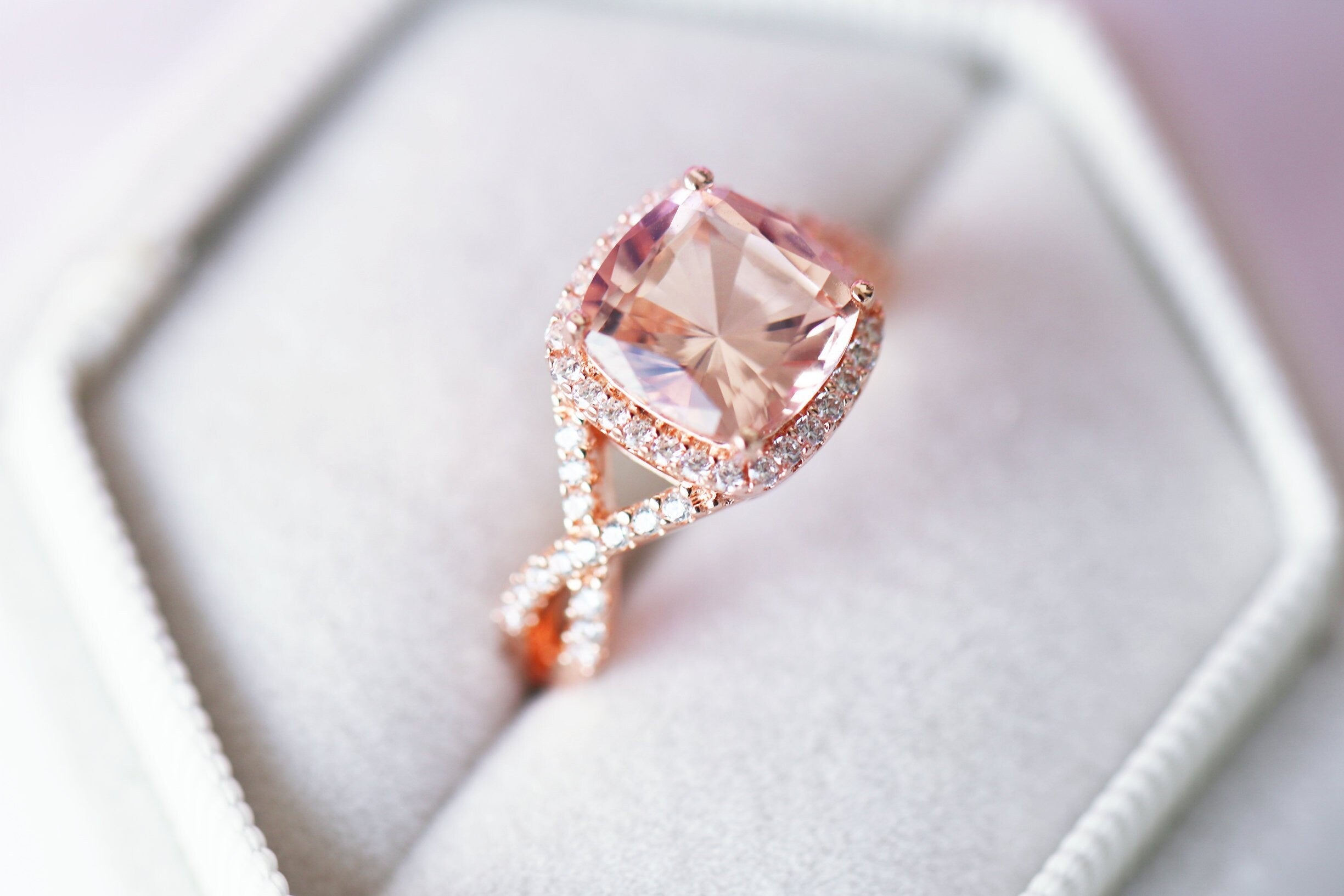 14K Rose Gold Vermeil Flair Cushion Cut Morganite Ring | Elegant Engagement, Wedding, Anniversary Jewelry Gift for Women