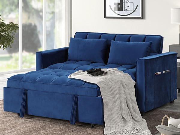 EBELLO 3-in-1 Convertible Sleeper Sofa Bed - Modern Velvet Loveseat Futon Couch with Pullout Bed, Side Storage Pockets & Pillows - Small Space Living Room Furniture for Apartments, Dorms, Guest Rooms & Home Offices