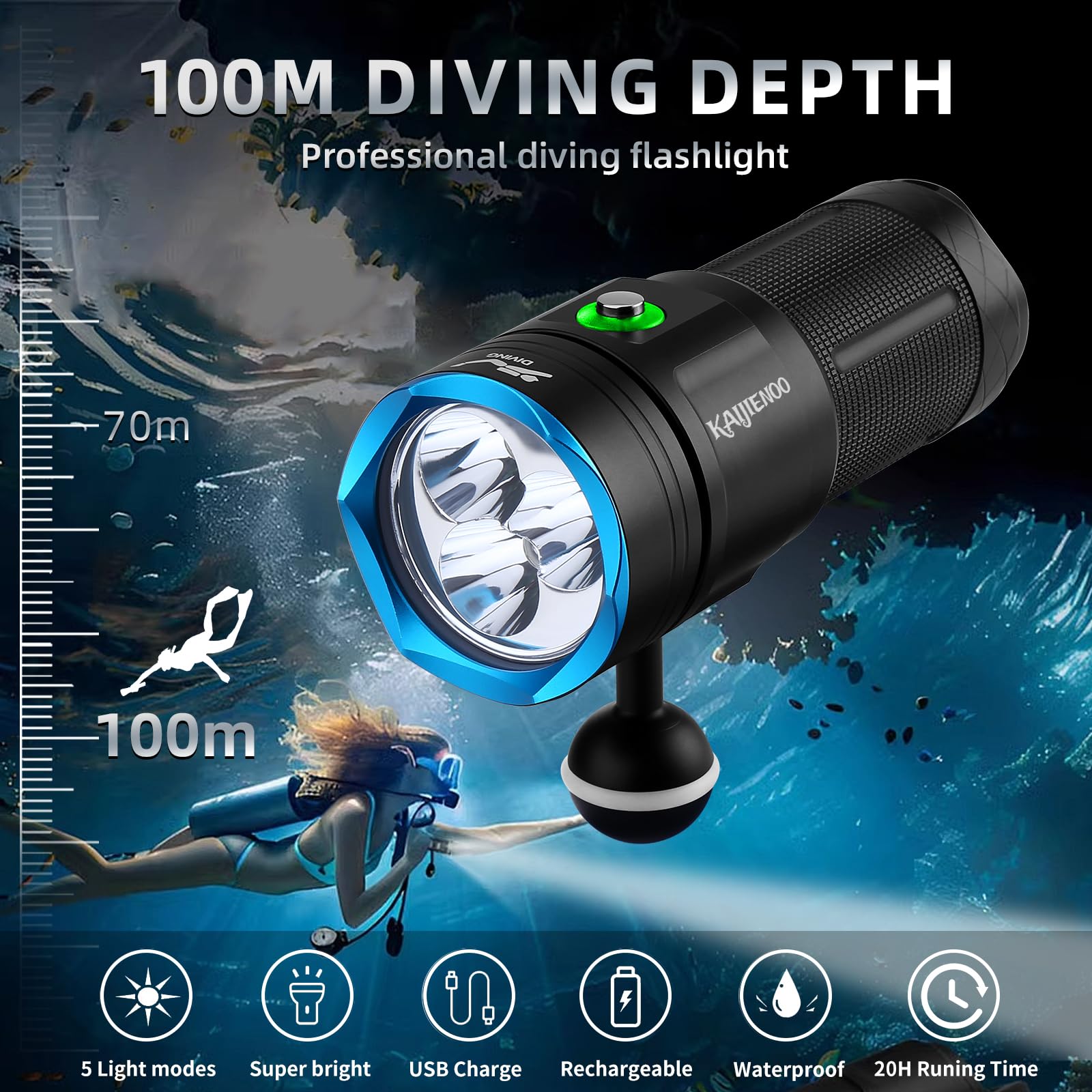 DVF06 Professional Scuba Diving Flashlight - 6000 Lumens Super Bright Underwater Video Light with 5 Modes, Power Indicator & IP68 Waterproof Rating | Includes Dual-Slot Charger & 3 Batteries | Perfect for Night Diving, Cave Exploration & Underwater Photography