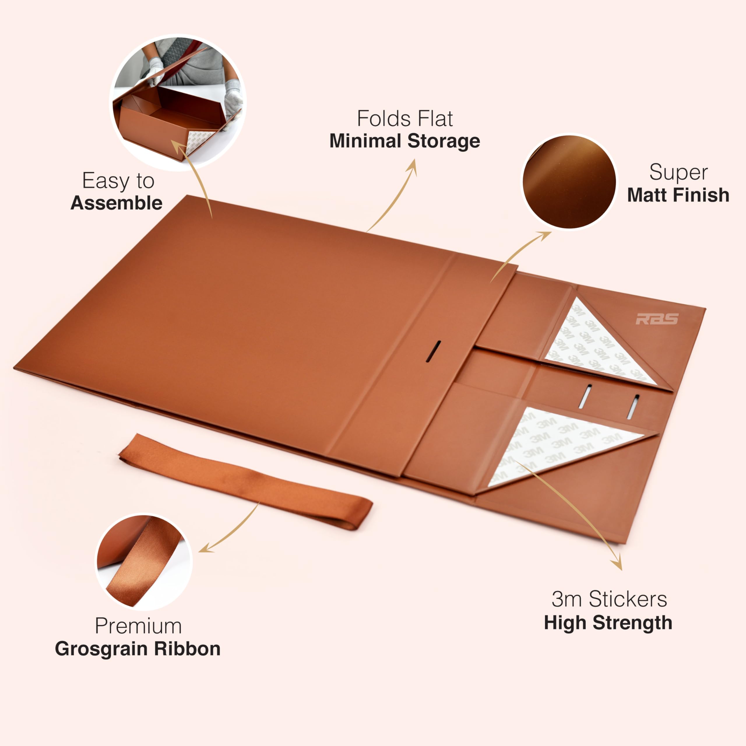 RBS® Medium Folding Gift Box - 1 Pack Glossy Brown Gift Packaging Box (26x26x10cm) with Ribbon for Birthdays, Weddings, Christmas | Reusable Multipurpose Hamper Box for Gifts, Storage & Home Decor