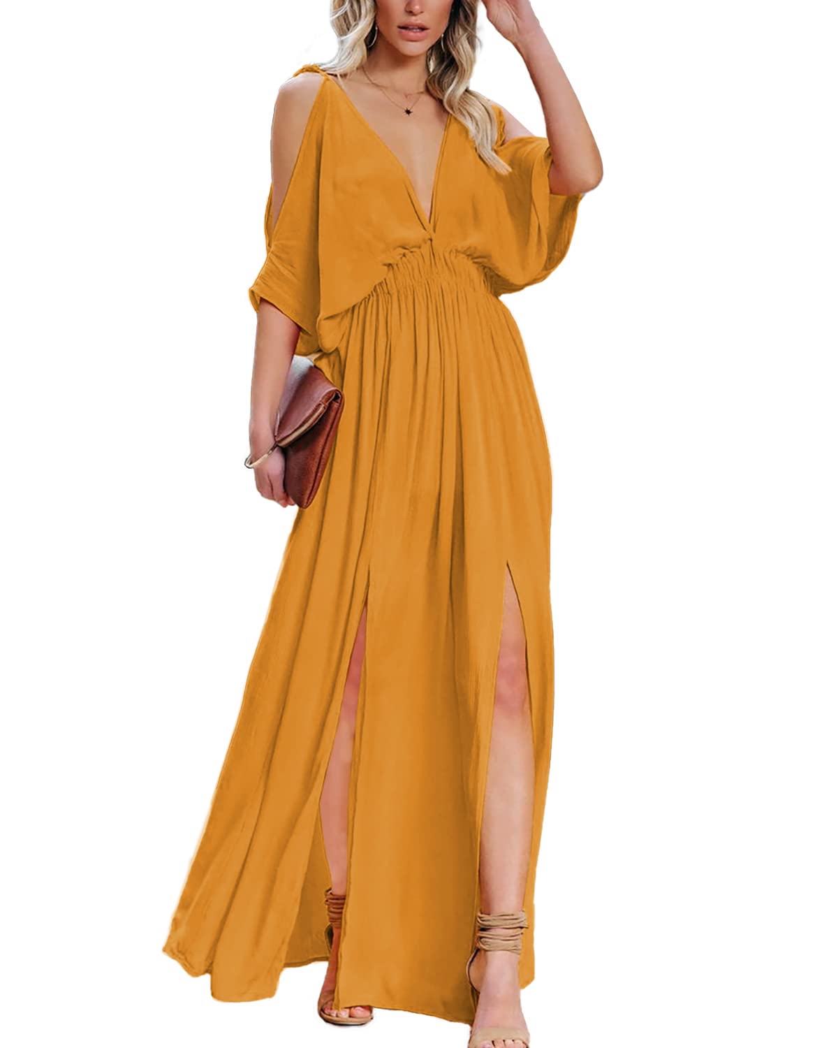 Women's Summer V-Neck Cold Shoulder Short Sleeve Maxi Dress - High Waist Split Wedding Guest Long Dress - Perfect for Beach Vacations, Garden Parties & Formal Events