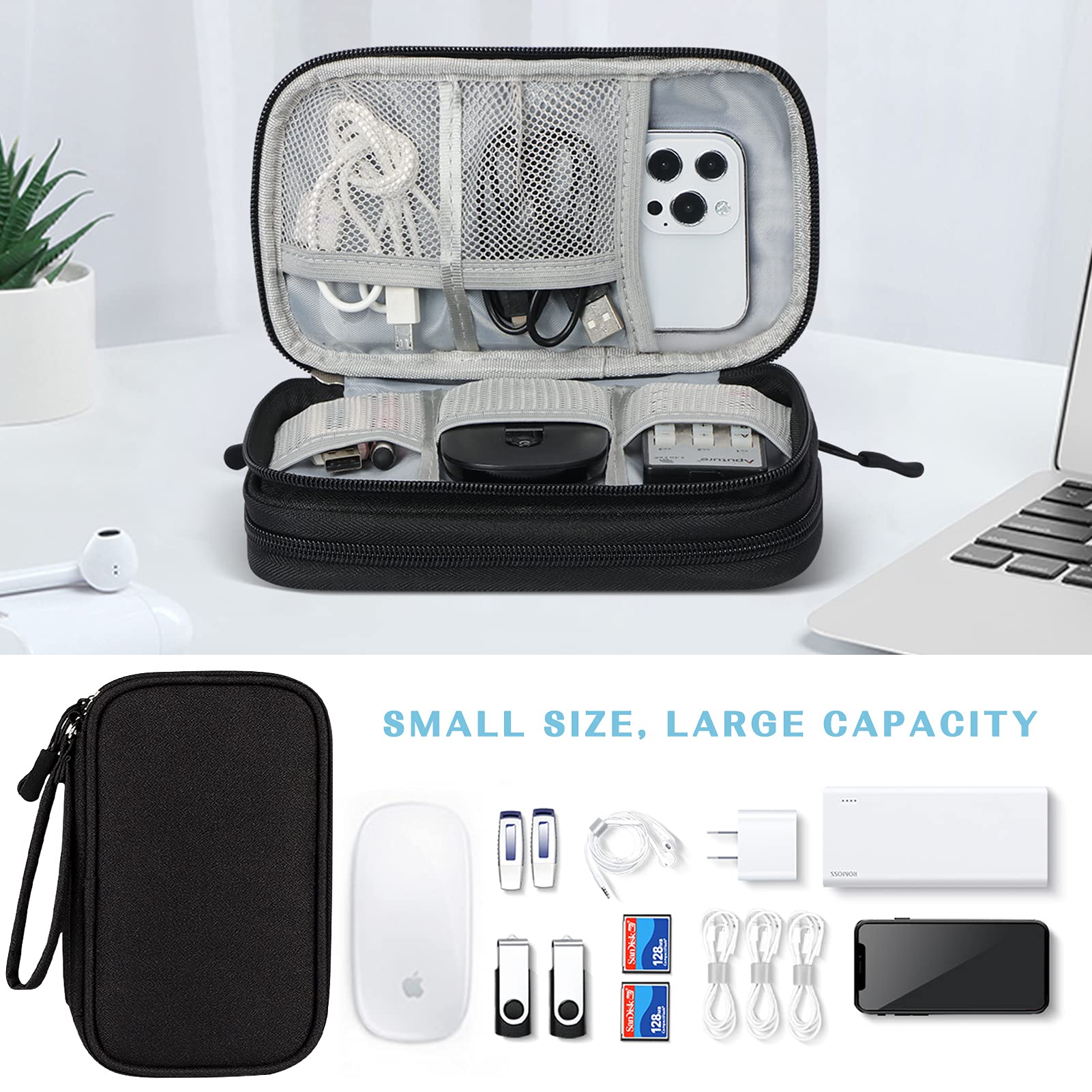 WWW Electronics Accessories Organizer - Waterproof Cable Storage Bag with Dual Layer Zipper for Chargers, Cords & Phones | Portable Travel Carry Pouch for Office, Home & Car Organization (Black)