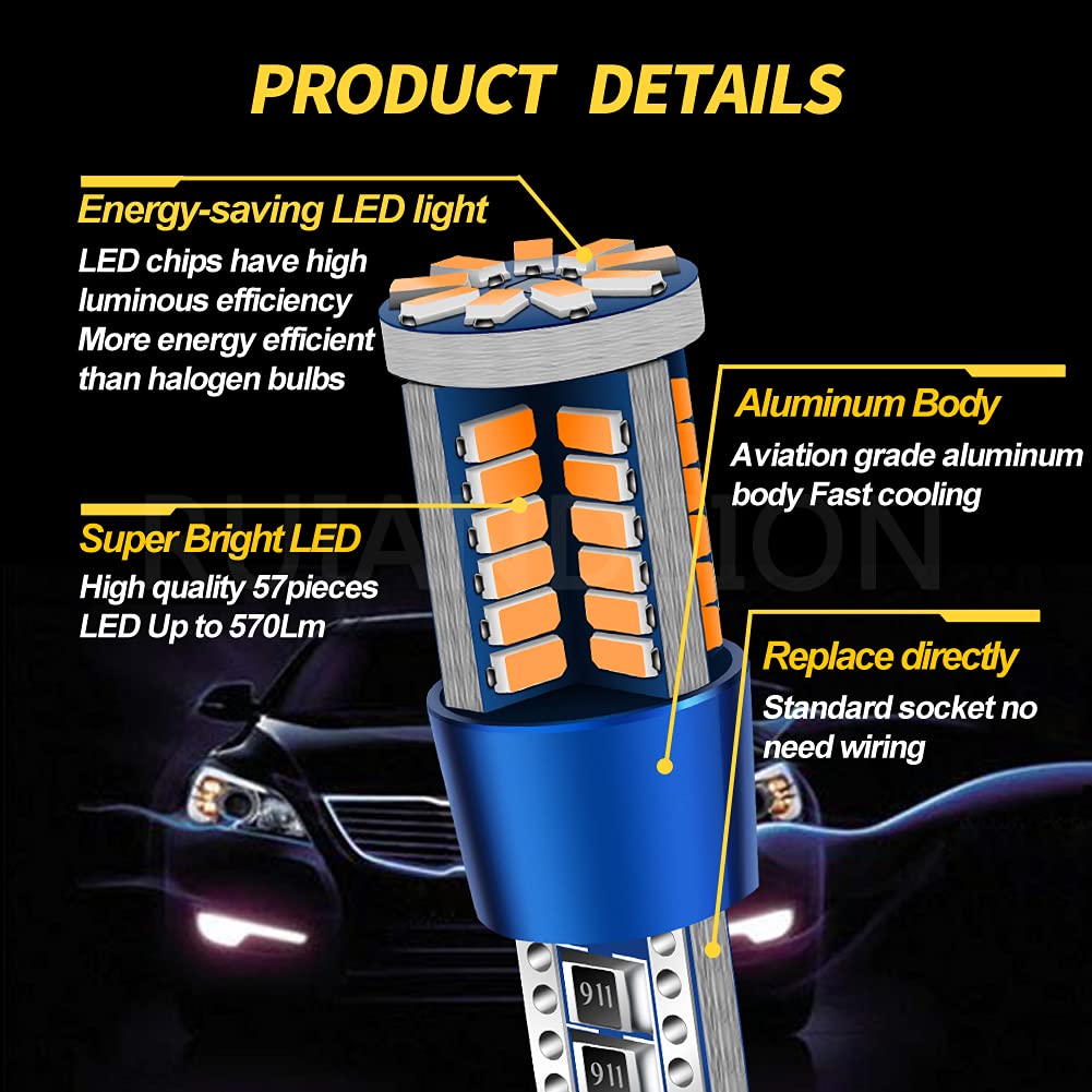 Ruiandsion T10 194 168 Canbus LED Interior Light Bulb - 9-30V 4014 57SMD Yellow/Amber LED Bulbs for Reverse Lights, Brake Lights, Dashboard Lights, Reading Lights, Side Marker Lights (Pack of 2) - Perfect for Car Interior Lighting, Truck Accessories, and Vehicle Customization