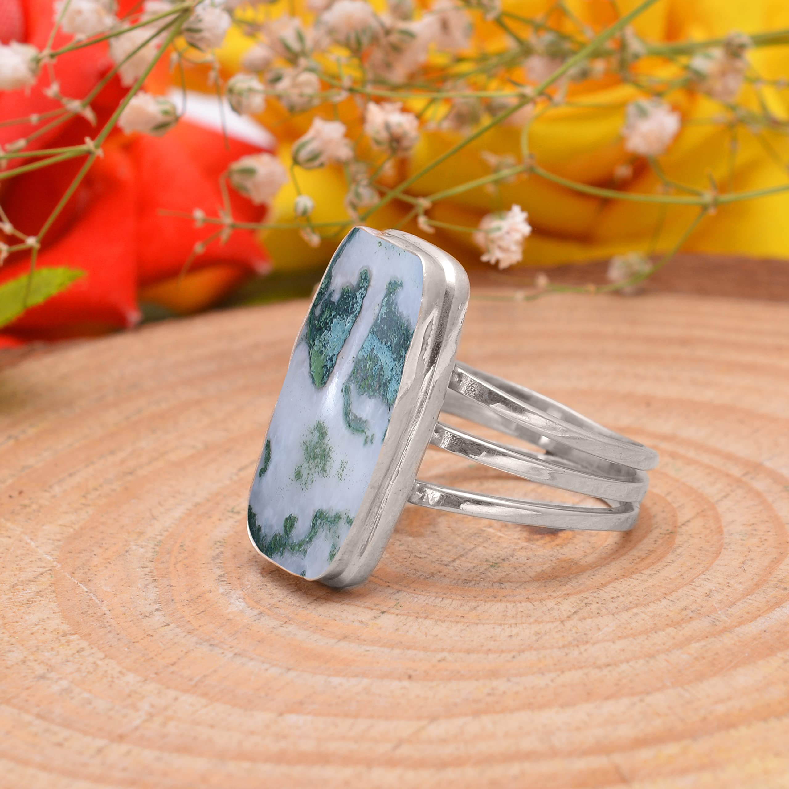 Veracity Jewelry Moss Agate Rings for Women - 925 Sterling Silver Healing Meditation Rings with Natural Green White Gemstone - Elegant Spiritual Jewelry for Yoga, Reiki & Everyday Wear - VSR-795