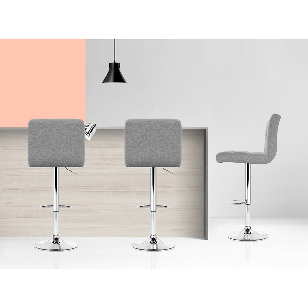 4 Bar Stools with Gas Lift Mechanism - Grey Fabric Upholstered Counter Height Stools for Kitchen Island, Breakfast Bar & Dining Room