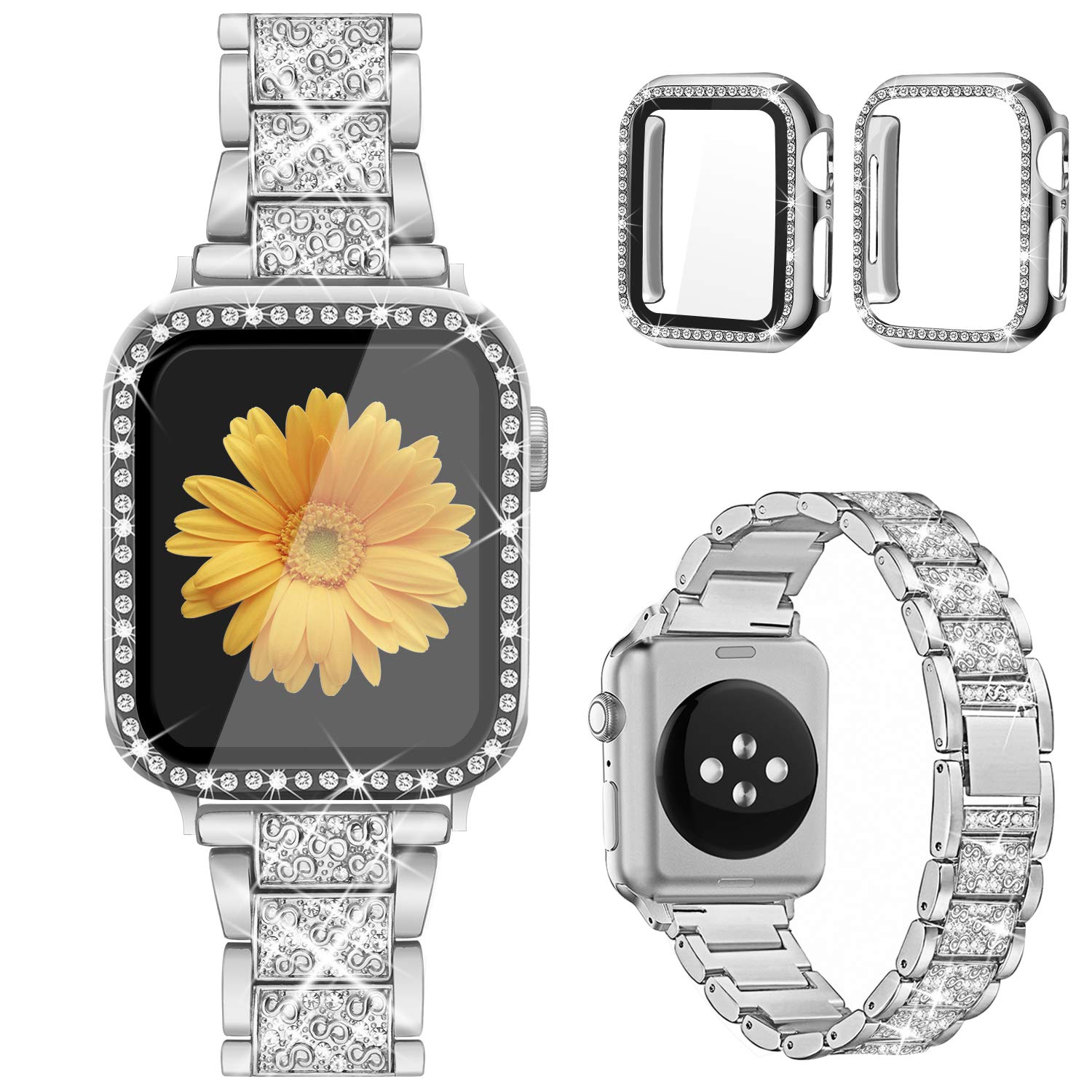 Mesime Compatible Apple Watch Band with Screen Protector Case - Jewelry Replacement Strap for 38mm/40mm/41mm/42mm/44mm/45mm/46mm iWatch Series 10/9/8/7/6/5/4/3/2/1/SE - 2 Pack Protective Cover for Women - Perfect for Workouts, Office & Everyday Fashion