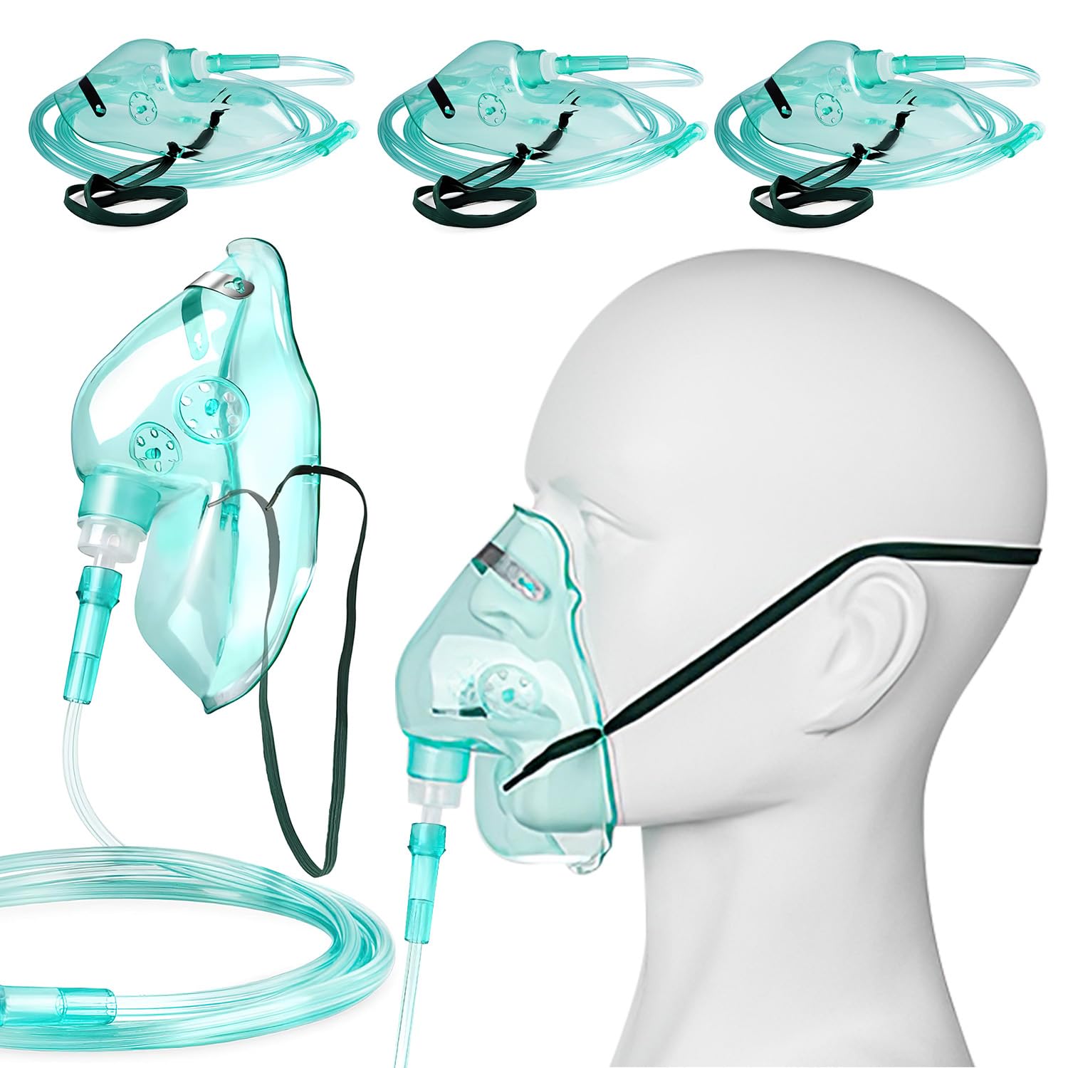 3 Pack Adult Oxygen Face Masks with 7 Ft Tube - Adjustable Elastic Strap, Size L for Home Use, Travel & Emergency Care