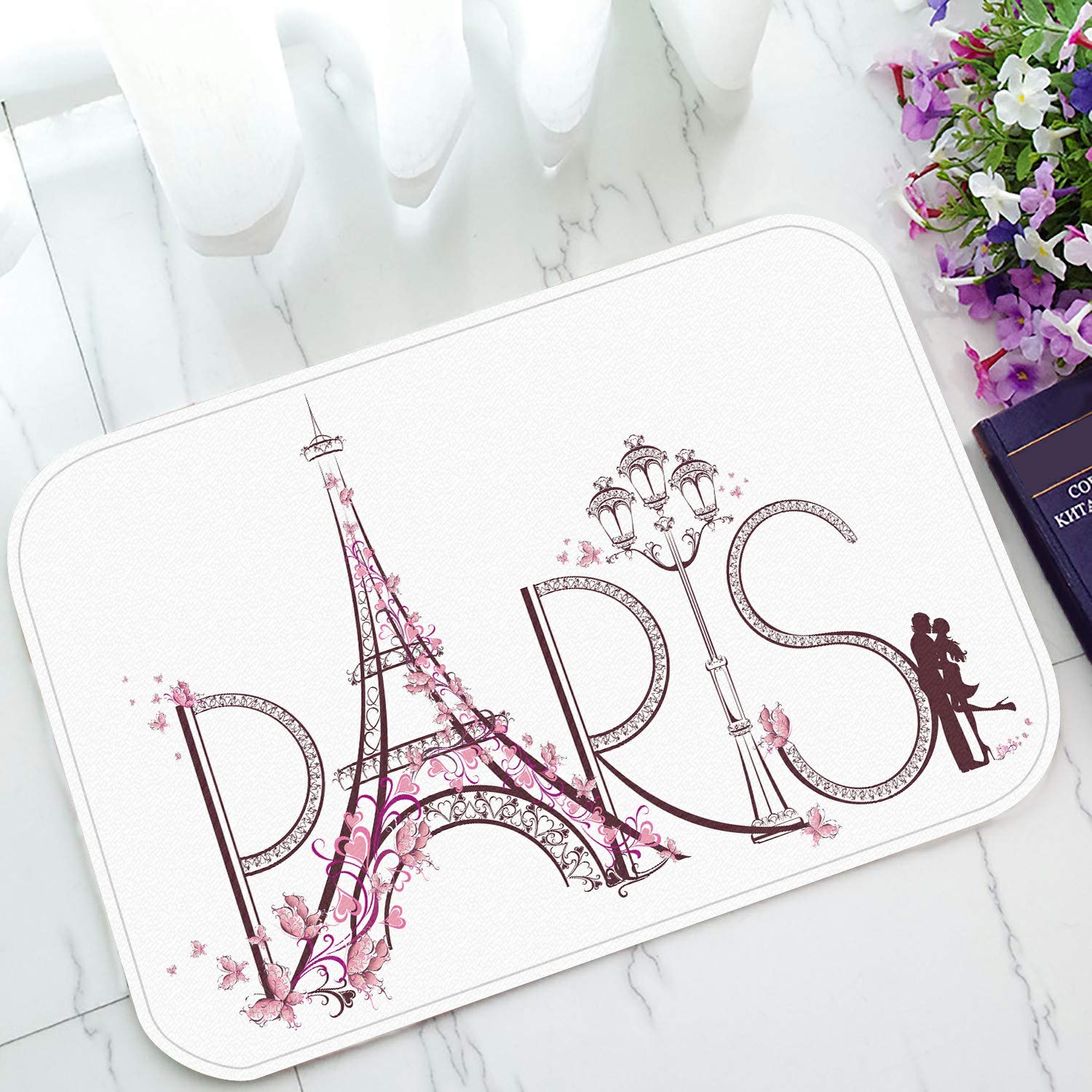 ECZJNT Paris Themed Doormat - Eiffel Tower with Paris Lettering, Non-Slip Bath Mat Rug, 23.6x15.7 Inch, Perfect for Home Entrance, Kitchen, Bathroom & Outdoor Decor