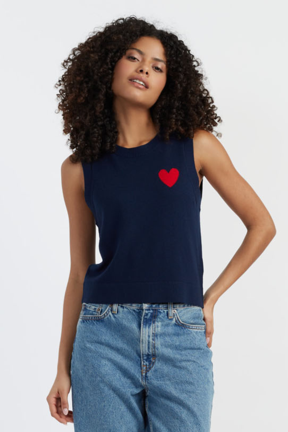 Navy Merino Wool Heart Breton Tank Top for Women - Soft Breathable Summer Layering & Casual Wear