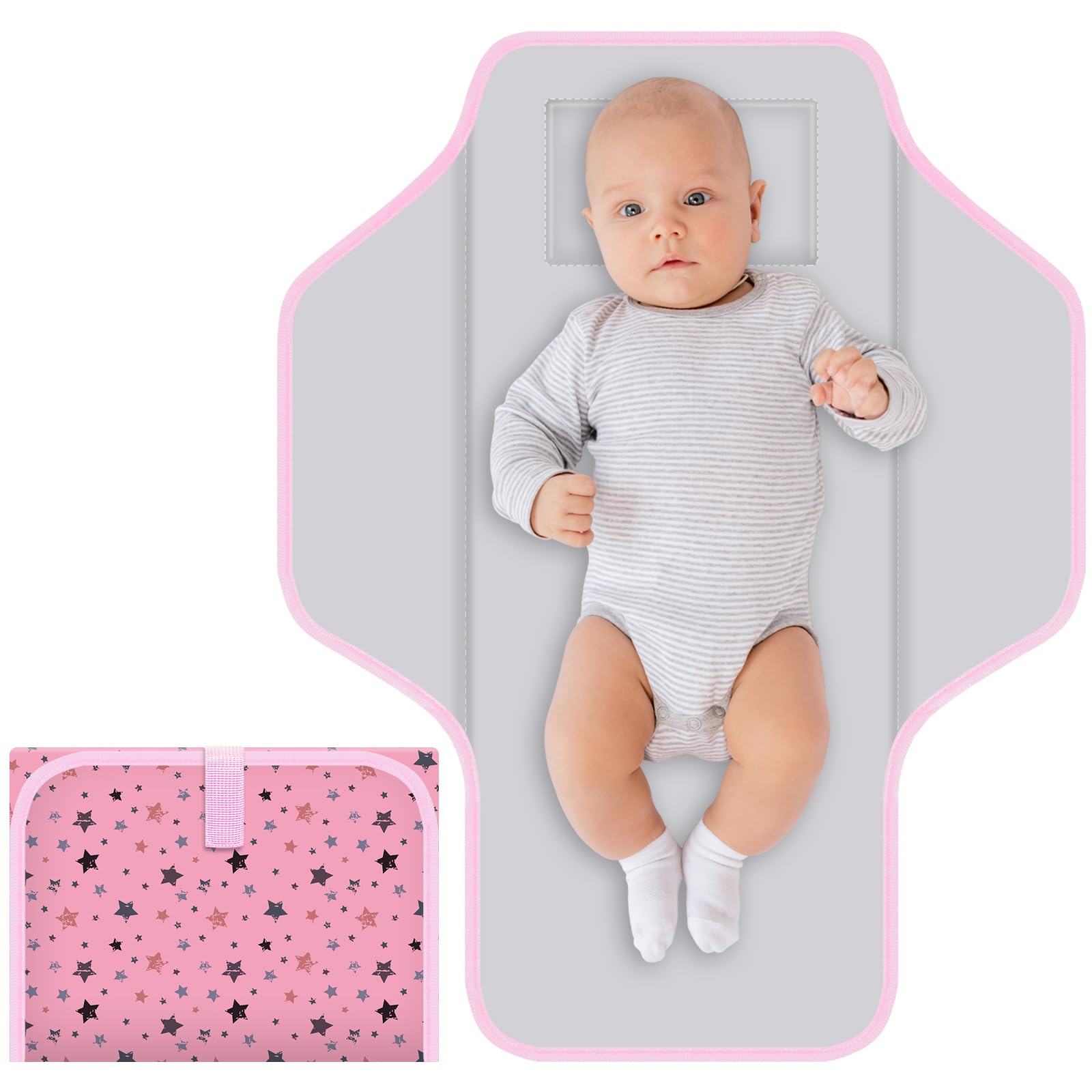 Portable Baby Diaper Changing Pad - Foldable Travel Changing Mat with Built-in Pillow, Waterproof Compact Diaper Station for Newborns & Infants | Nursery, On-the-Go, Baby Shower Gift (Pink Star)