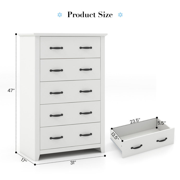 Costway 5-Drawer Tall Dresser Storage Cabinet with Sturdy MDF Frame - Perfect for Bedroom, Living Room & Office Organization