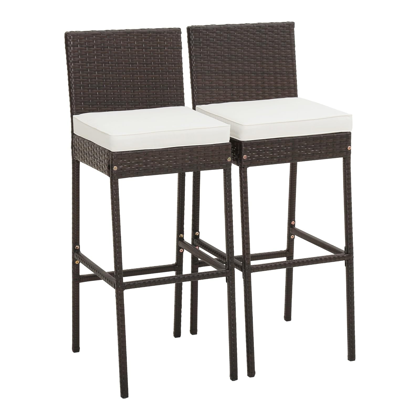 RELAX4LIFE Set of 2 Outdoor Bar Stools - 30'' Counter Height Wicker Rattan Patio Barstools with Backrest, Footrest & Cushions - 400LBS Weight Capacity Metal Frame Bar Chairs (Mix Brown) - Perfect for Backyard, Poolside, Deck & Outdoor Dining Areas