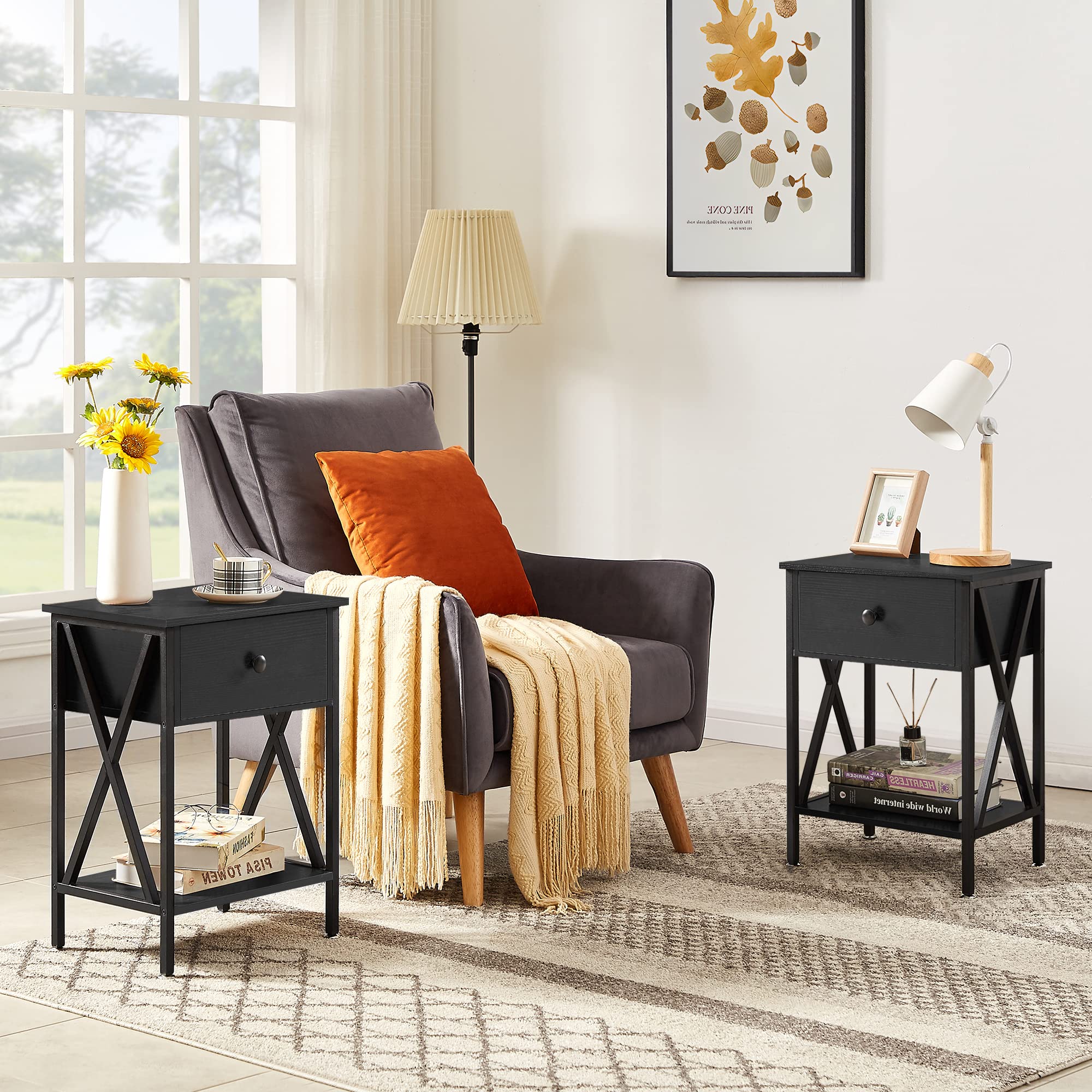 VECELO Modern Nightstand with Drawer & Storage Shelf - Black End Table for Bedroom, Living Room, Office & Lounge - Perfect for Small Spaces & Apartment Decor
