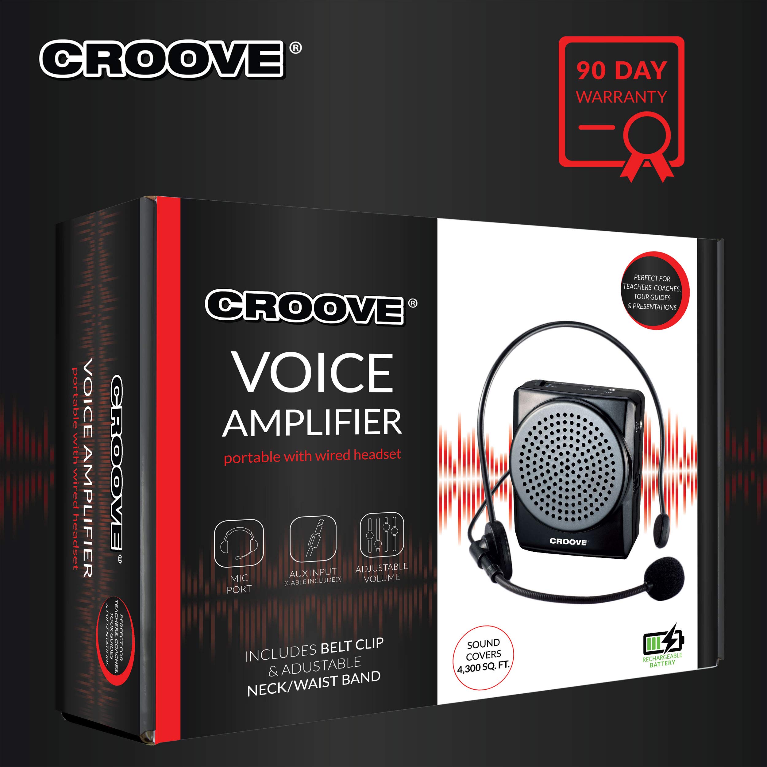 Croove Rechargeable Voice Amplifier Microphone Headset with MP3 Support | Portable Speaker & Mic Set with Waist/Neck Strap & Belt Clip | Ideal for Teachers, Tour Guides, Public Speaking & Outdoor Events