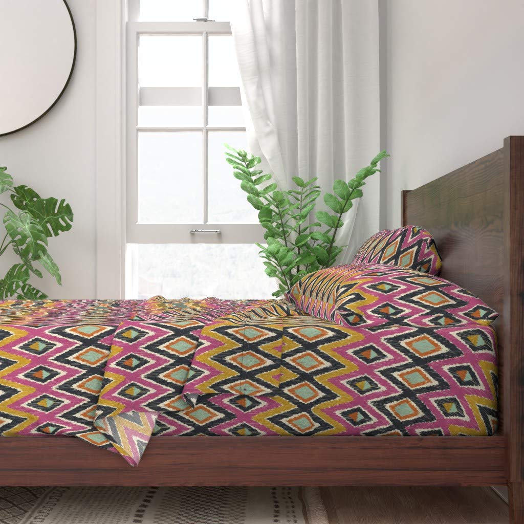 100% Cotton Twin 3-Piece Sheet Set | Tribal Ikat Diamond Pattern in Pink, Yellow, Black & Turquoise | Breathable Soft Bedding for Kids & Adults | Perfect for Guest Rooms, Dorms & Vacation Homes
