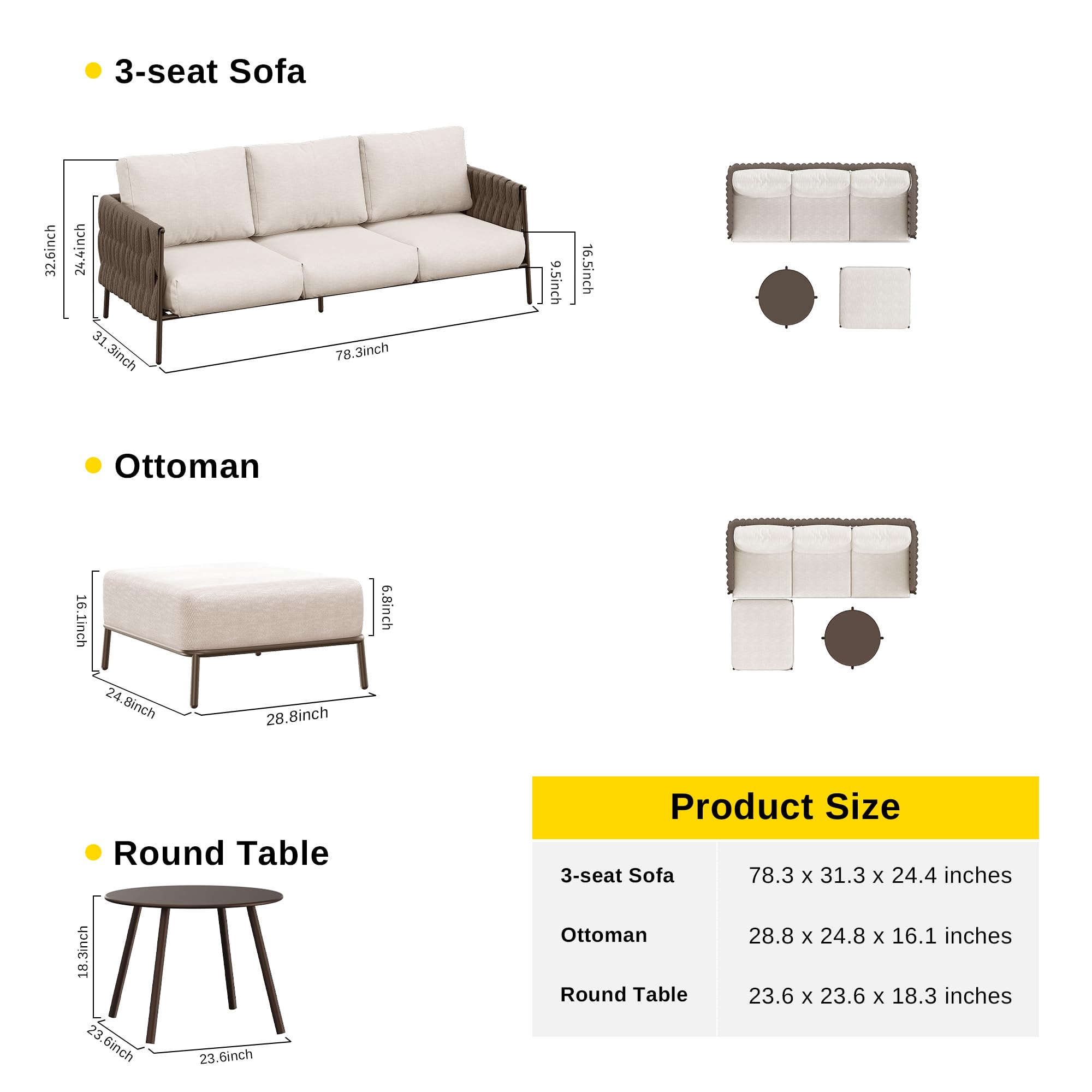 EAST OAK Outdoor Patio Furniture Set - 4-Piece Sectional Sofa with Round Coffee Table, Thick Washable Cushions (Chestnut Brown & Creamy Apricot) - Perfect for Backyard, Garden, Poolside & Patio Relaxation