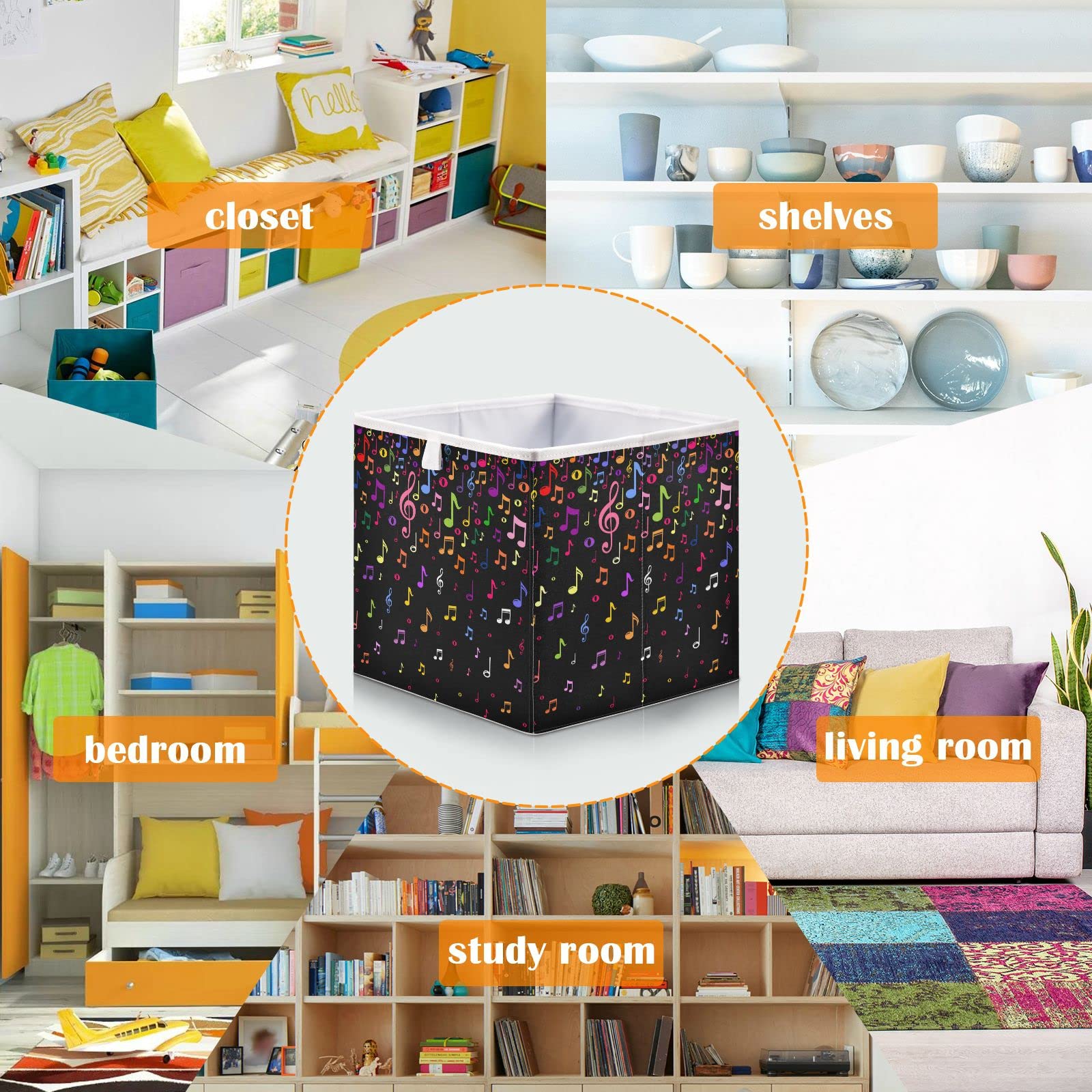 DOMIKING Foldable Linen Storage Bins with Handles - Music Note Pattern Decorative Organizer Box for Closet, Shelves & Bedroom - Perfect for Gift Wrapping, Jewelry & Seasonal Decor Storage