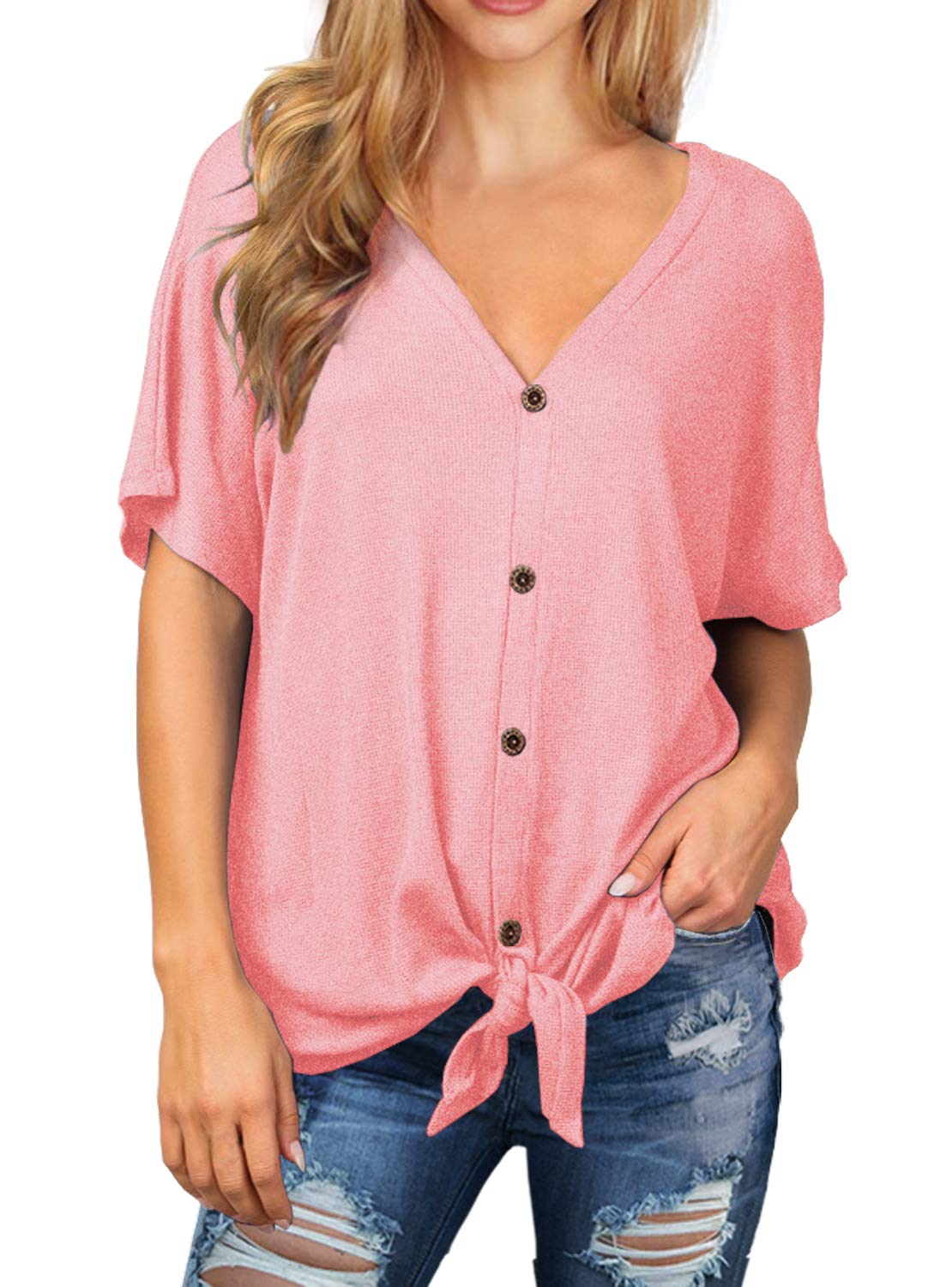 IWOLLENCE Women's Waffle Knit Tunic Blouse - Tie Knot Short Sleeve Henley Top, Loose Fitting Batwing Shirt for Casual Wear, Office Outfits & Spring Layering