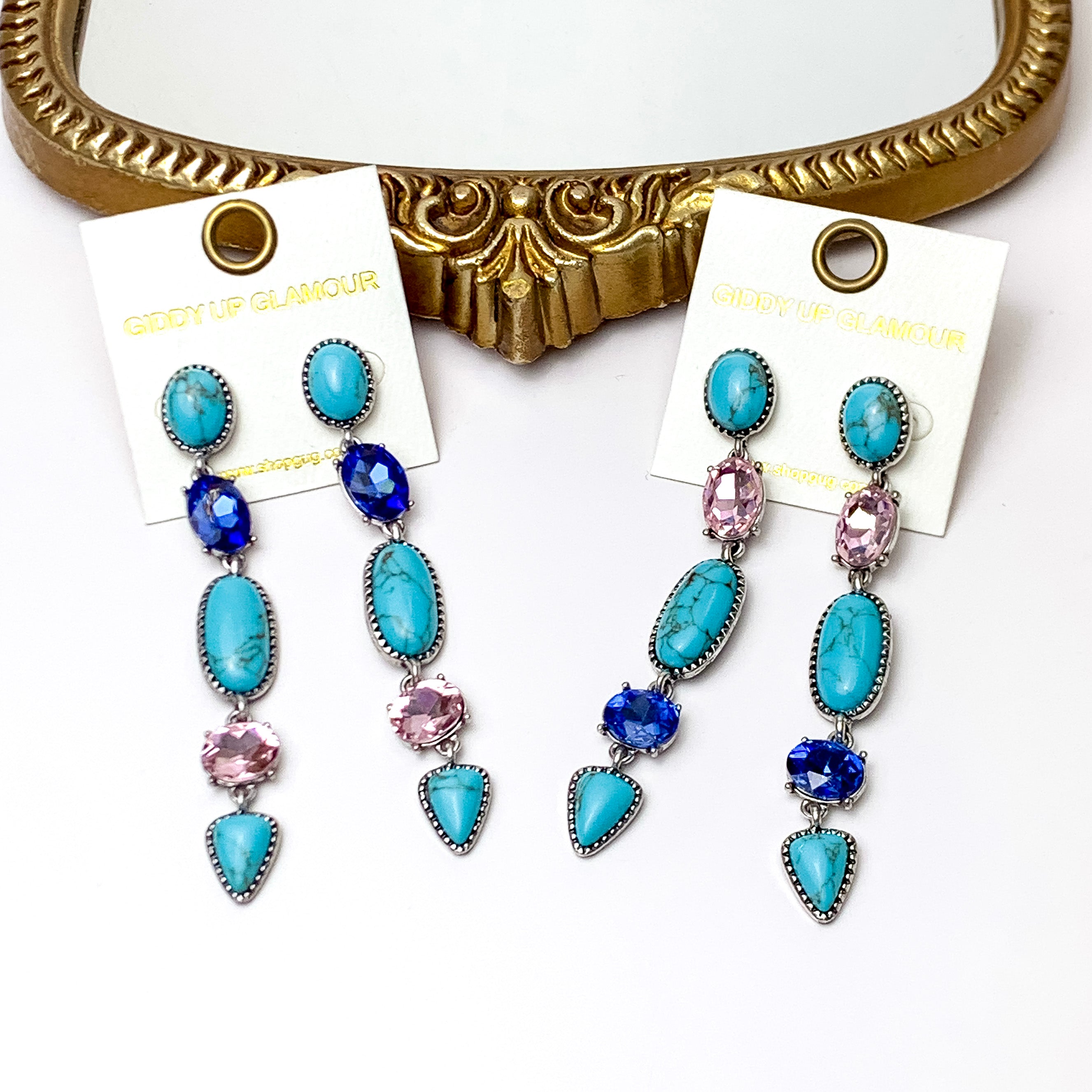 5 Tier Faux Turquoise Stone & Light Pink Blue Crystal Dangle Earrings for Women | Boho Chic Jewelry for Parties, Weddings & Everyday Wear
