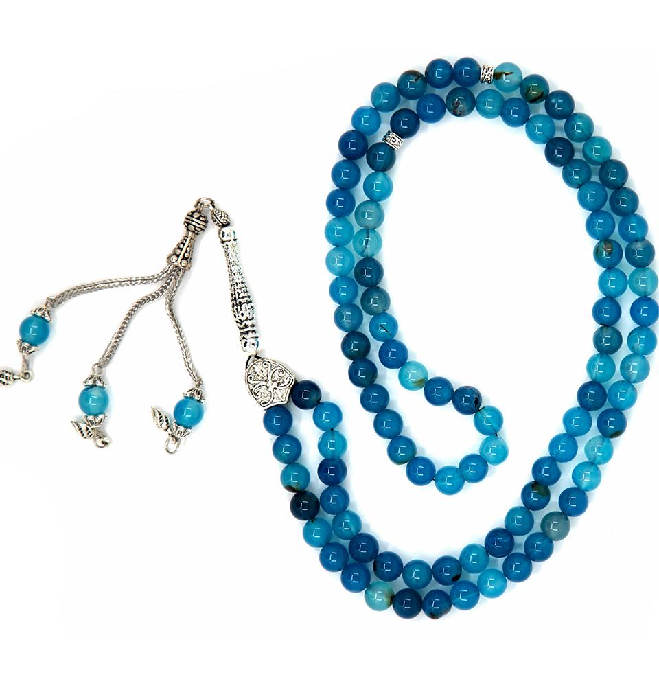 Premium 99-Count Islamic Tesbih Prayer Beads - Natural Multicolored Agate Stone (Blue) for Muslim Worship, Meditation & Stress Relief - Perfect for Daily Dhikr, Gift Giving & Spiritual Practice