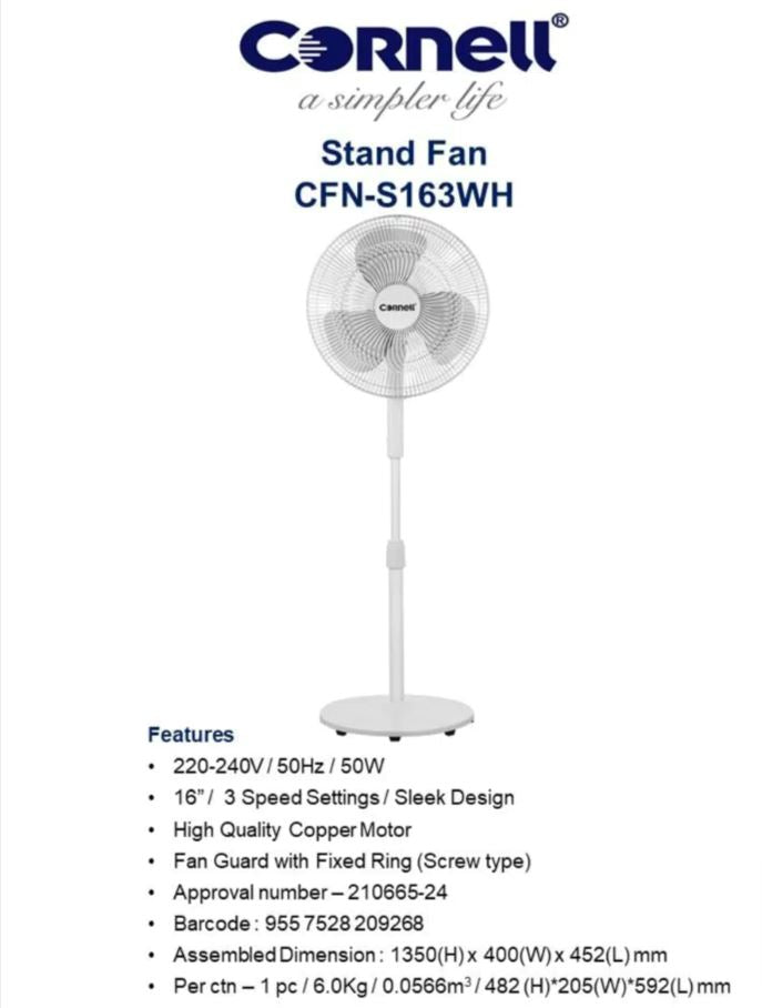 16 Inch Cornell Stand Fan CFNS163WH - Powerful 3-Speed Adjustable Floor Fan for Home, Office, and Bedroom Cooling - Quiet Oscillating Tower Fan with Remote Control for Summer Comfort