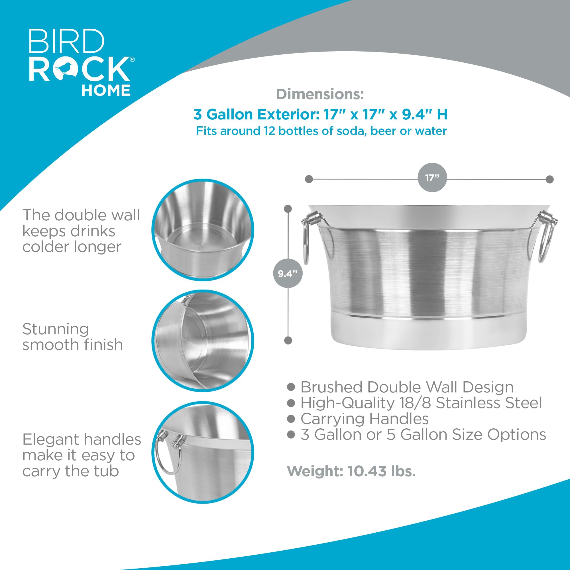 Premium Stainless Steel Double Wall Beverage Tub - Insulated Ice Bucket & Drink Cooler with Handles for Parties, Weddings, BBQs - Perfect for Chilling Wine, Beer & Cocktails Outdoor & Indoor Entertaining