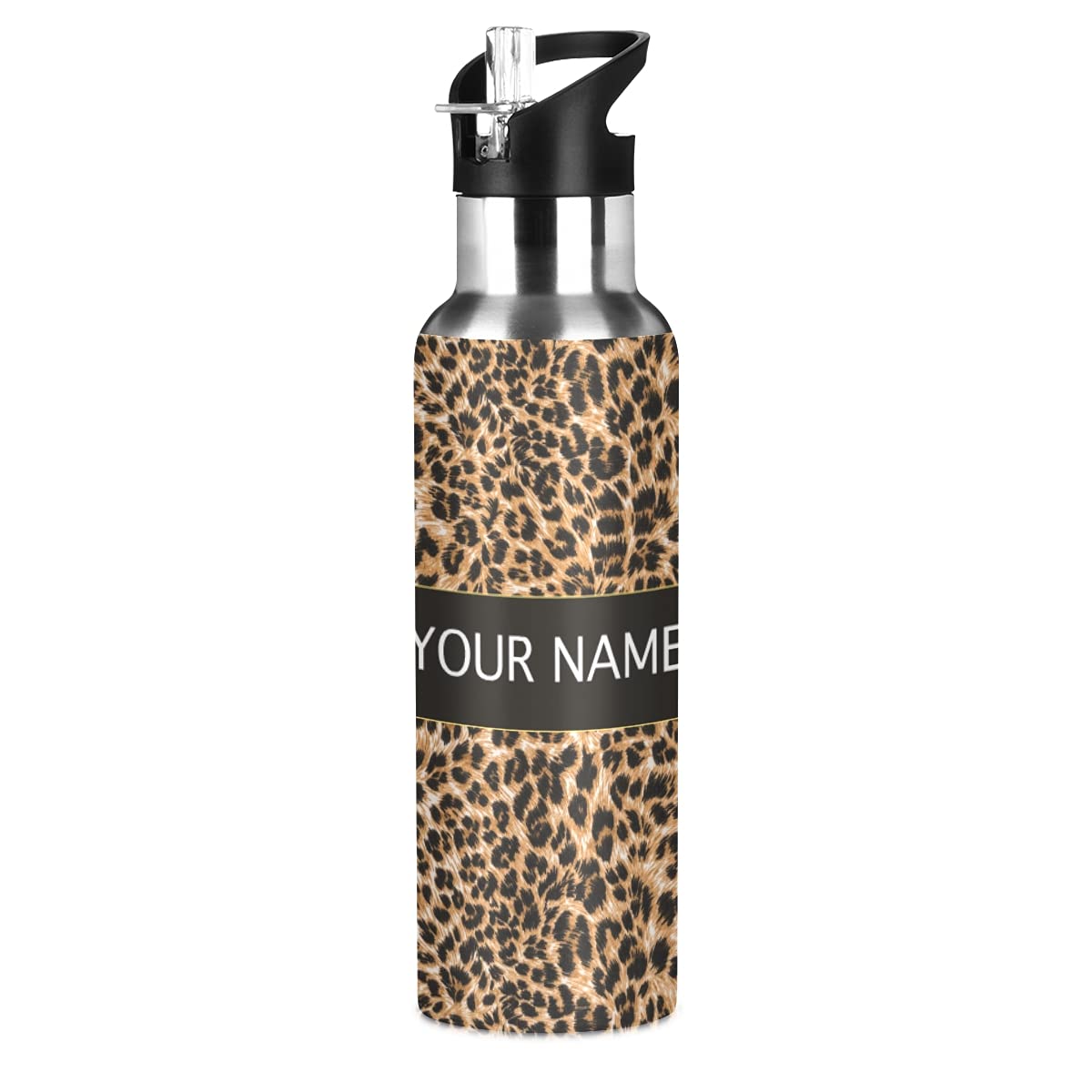 Leopard Pattern Personalized Water Bottle - Double Wall Stainless Steel Insulated Custom Flask for Gym, Hiking & Office Use