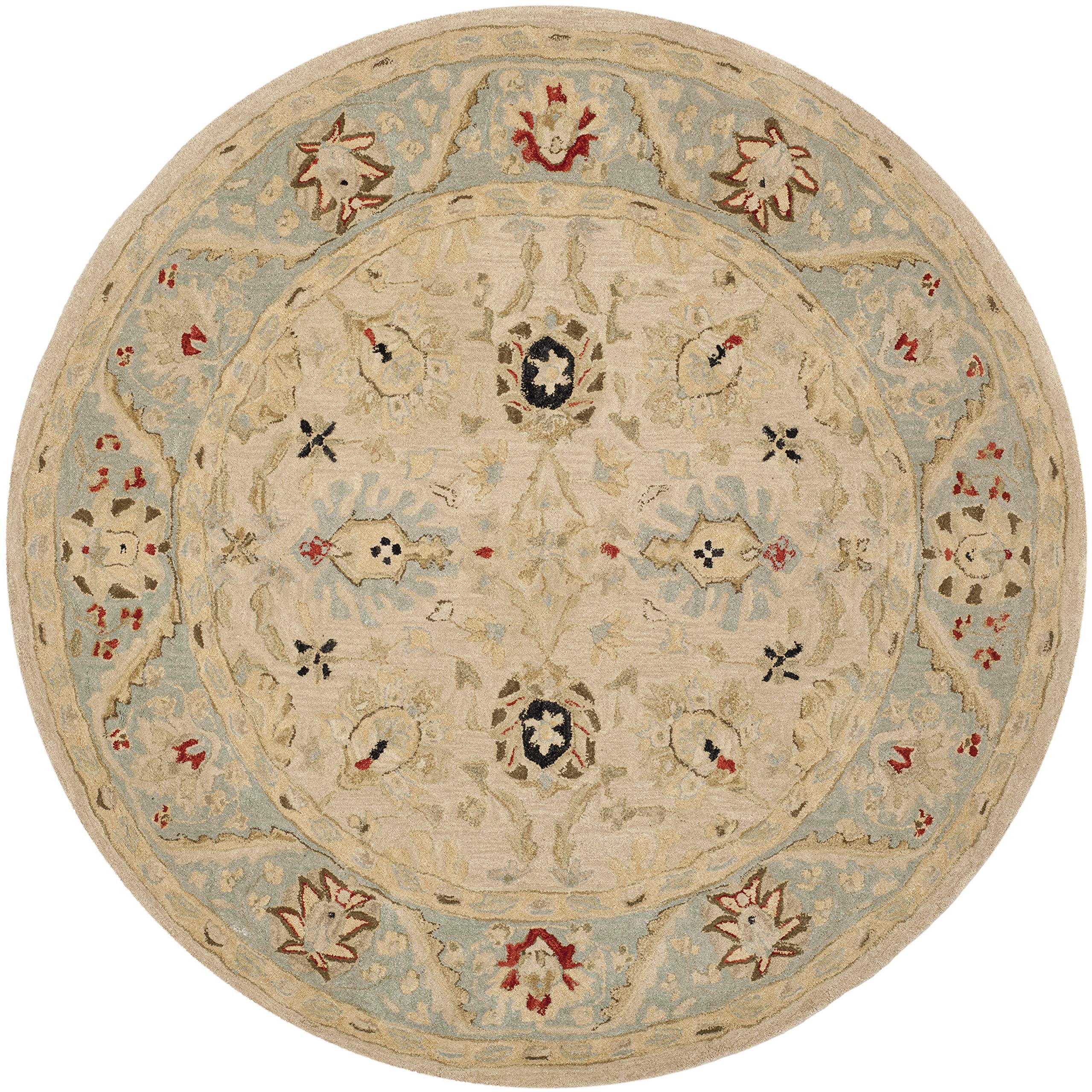 SAFAVIEH Anatolia Collection 6-Foot Round Handmade Wool Area Rug - Natural/Soft Turquoise (AN569C) | Traditional Oriental Design for Living Room, Bedroom & Home Decor