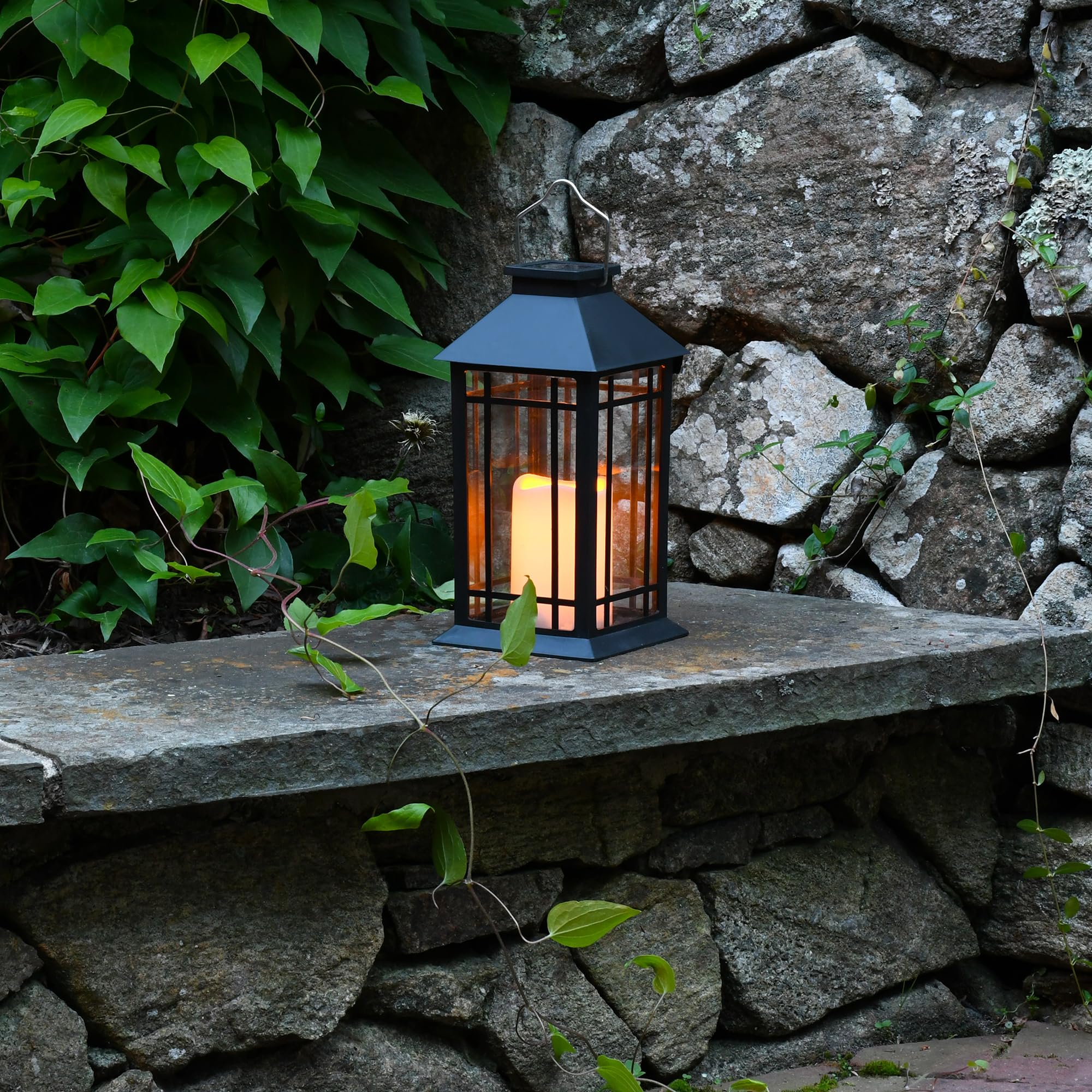 LumaBase Solar Powered LED Candle Lantern - Black Outdoor/Indoor Window Decor for Patio, Garden & Emergency Lighting