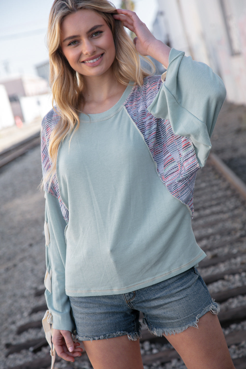 Stylish Mint Lace-Up Long Sleeve French Terry Oversized Pullover Sweatshirt | Women's Casual Loungewear for Fall & Winter | Perfect for Coffee Dates, Weekend Errands and Cozy Nights