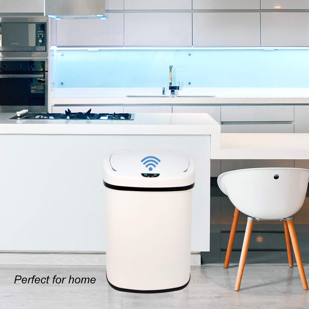 Automatic Touchless Stainless Steel Trash Can with Lid - 13 Gallon Sensor Kitchen Garbage Bin, Hands-Free Motion Sensor Waste Basket for Home, Office, Bathroom & Bedroom - Battery Powered, White - Perfect for Hygienic Waste Disposal in Kitchens, Bathrooms & Offices