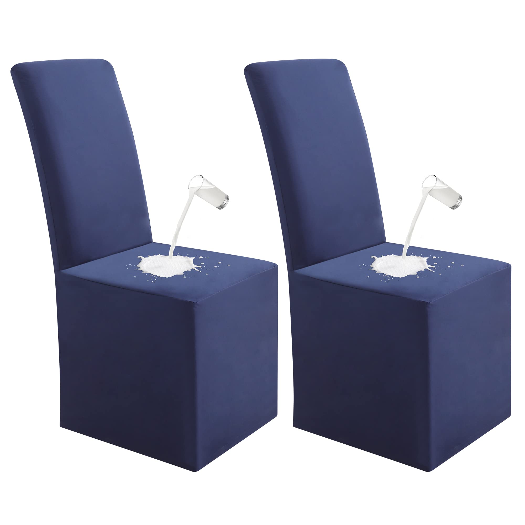 Waterproof Stretch Dining Chair Covers Set of 2 - Soft Full Length Slipcovers for High Back Chairs, Navy Blue - Perfect for Dining Room, Kitchen, and Outdoor Use