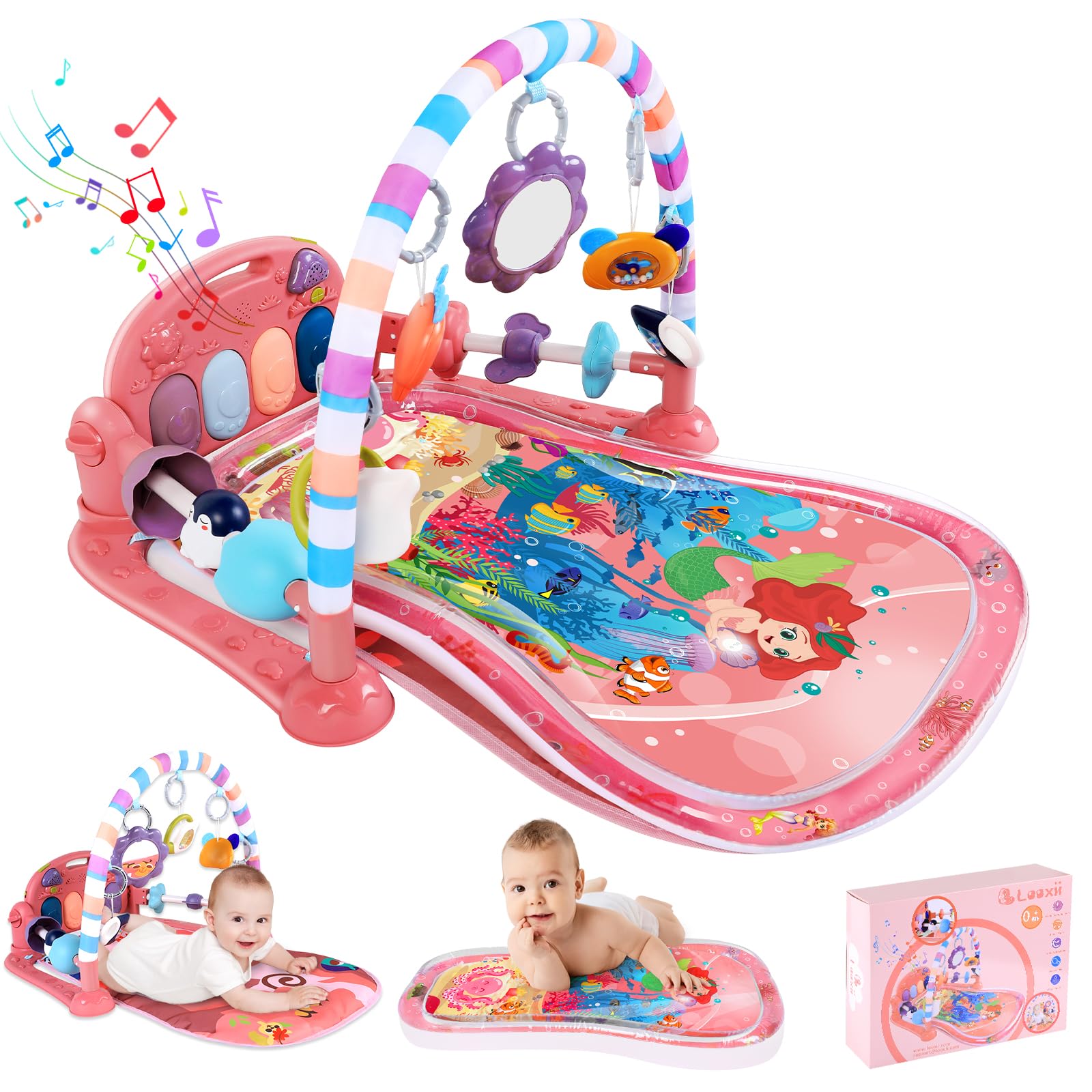Looxii 2-in-1 Baby Play Gym & Tummy Time Water Play Mat with Kick & Play Piano, Lights & Sounds - Interactive Floor Activity Gym with Hanging Toys for Newborns 0-12 Months (Girl & Boy) - Perfect for Early Development, Sensory Play & Tummy Time Exercises