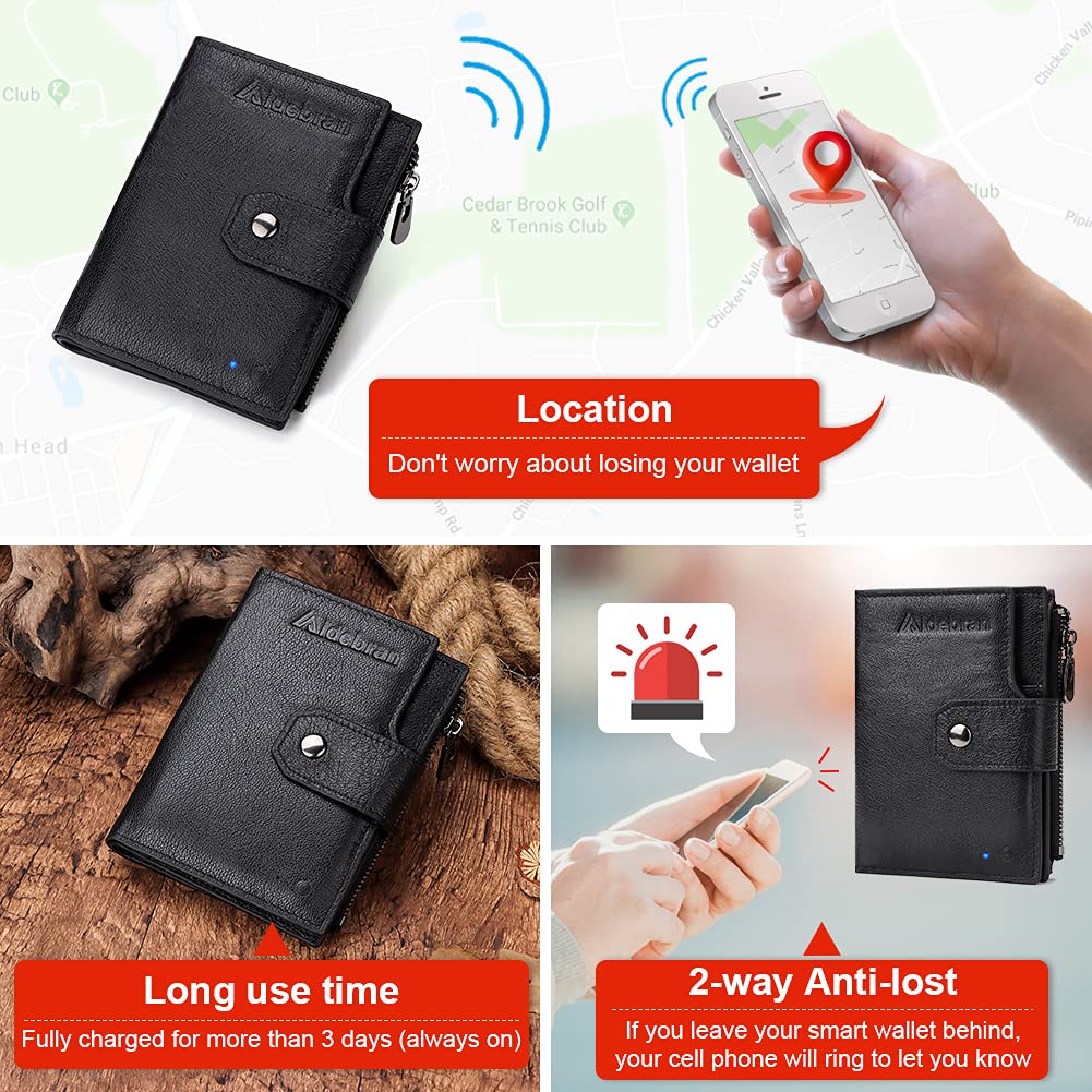 Smart Anti-Theft GPS Wallet with Alarm - Slim Trifold Genuine Leather Men's Wallet with 16 Card Slots & Zipper Coin Pocket - RFID Blocking Bluetooth Tracker for Travel, Business & Everyday Use