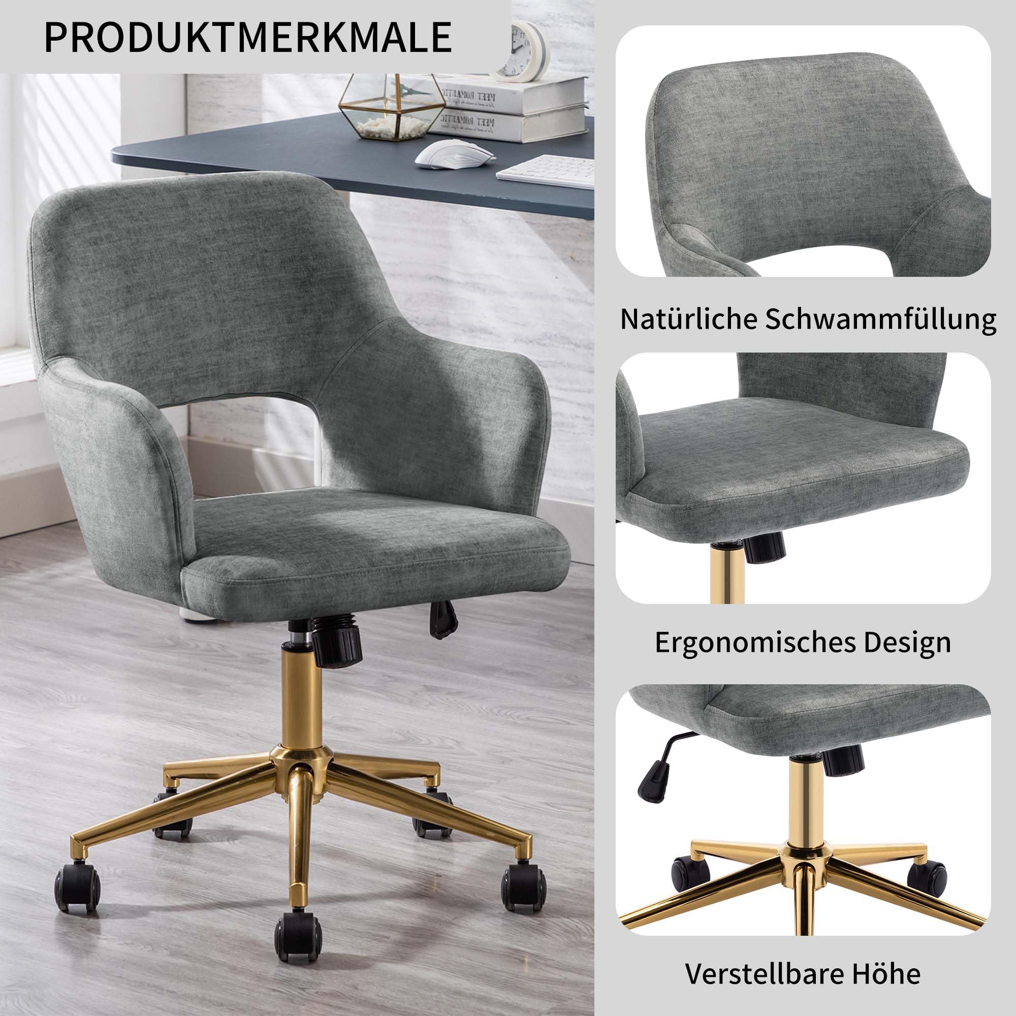 DUHOME Ergonomic Home Office Desk Chair with Wheels - Adjustable Swivel Fabric Computer Chair with Hollow Mid-Back Backrest, Comfortable Task Chair for Working, Studying & Gaming - Perfect for Office, Living Room & Bedroom (Light Grey with Golden Base)