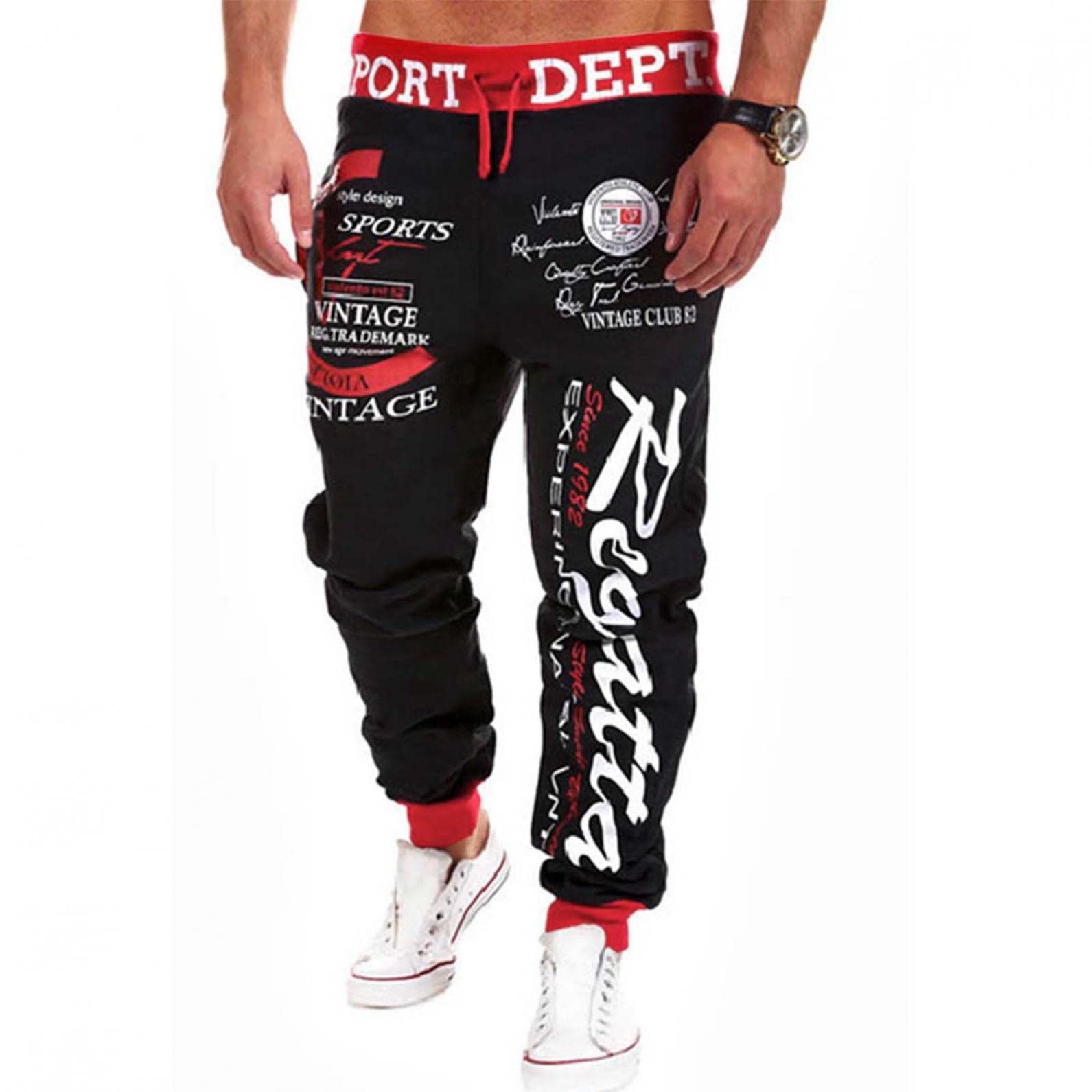 Men's Jogger Sweatpants with Pockets - Athletic Workout Pants with Drawstring & Letter Print - Casual Long Pants for Running, Gym, Lounge & Everyday Wear