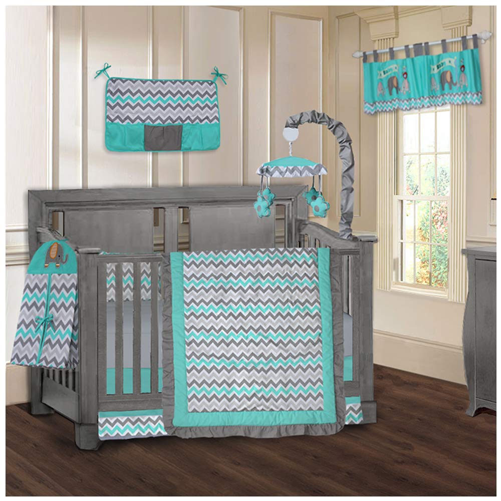 BabyFad Elephant Turquoise Chevron 9-Piece Crib Bedding Set - Soft Nursery Bedding for Boys & Girls, Perfect for Newborns, Toddlers & Baby Showers