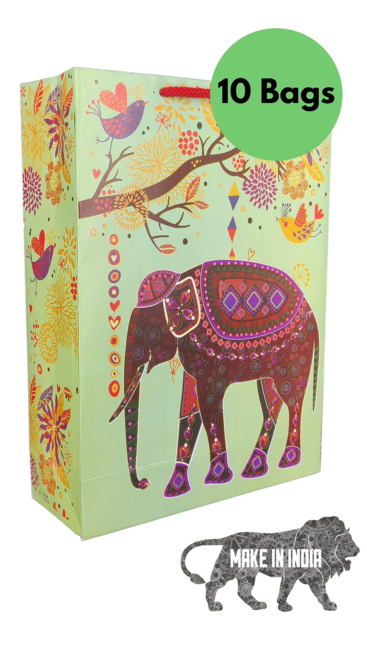 Premium Elephant Design Gift Bags - 10 Pack Colorful Paper Bags for Weddings, Birthdays, Holidays & Party Favors (28x20x7.5cm) - Perfect for Baby Showers, Bridal Gifts & Christmas Presents