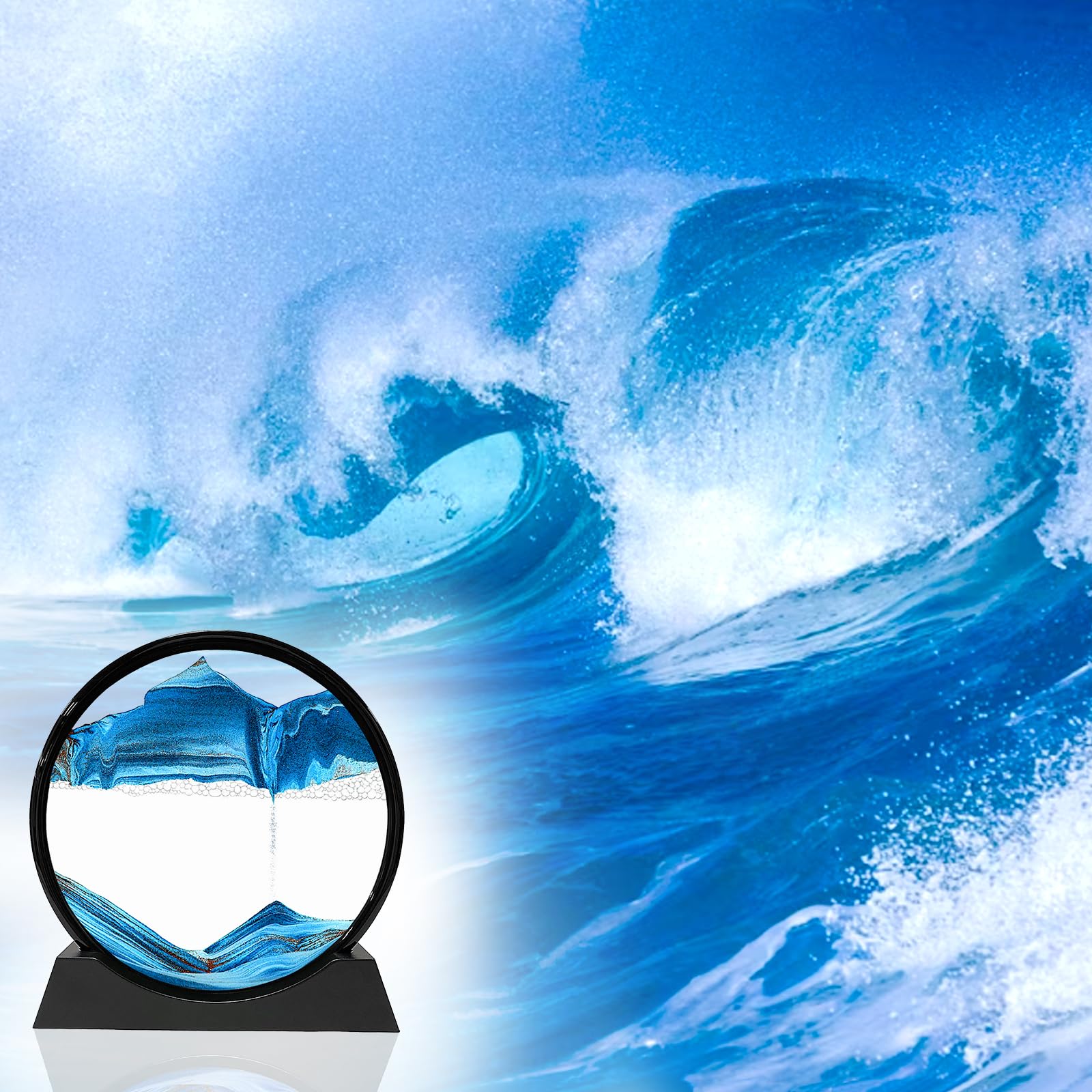 7 Inch Moving Sand Art Liquid Motion Picture - 3D Quicksand Decor for Home & Office - Blue Sandscape Tabletop Relaxation Art for Stress Relief & Meditation