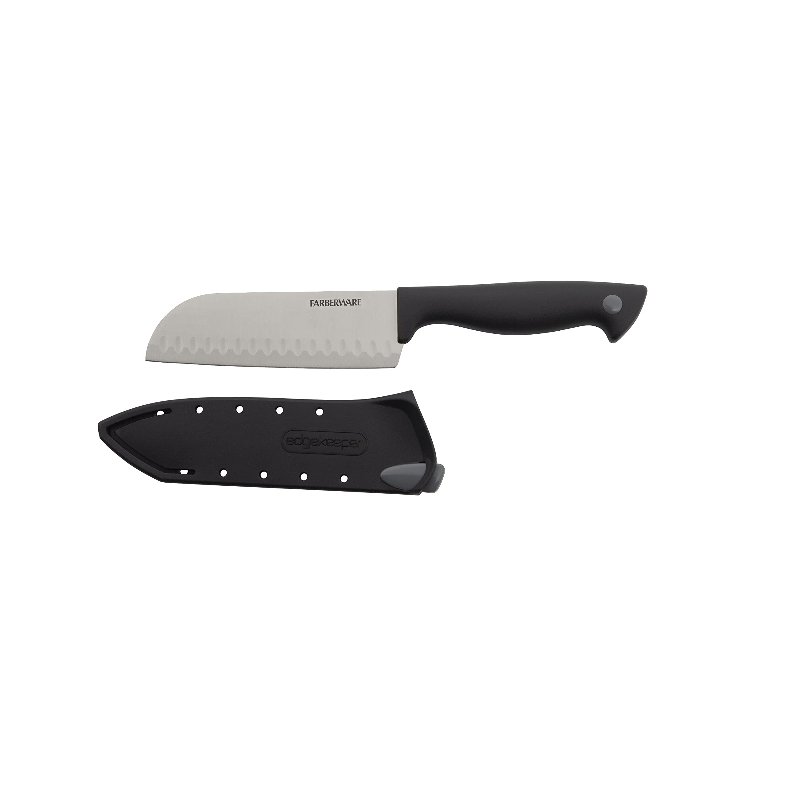 Farberware Edgekeeper 5-Inch Santoku Knife - High Carbon Stainless Steel Kitchen Knife with Self-Sharpening Blade Cover & Ergonomic Handle - Razor Sharp Black Knife for Slicing, Dicing, and Chopping Vegetables, Fruits, and Meat