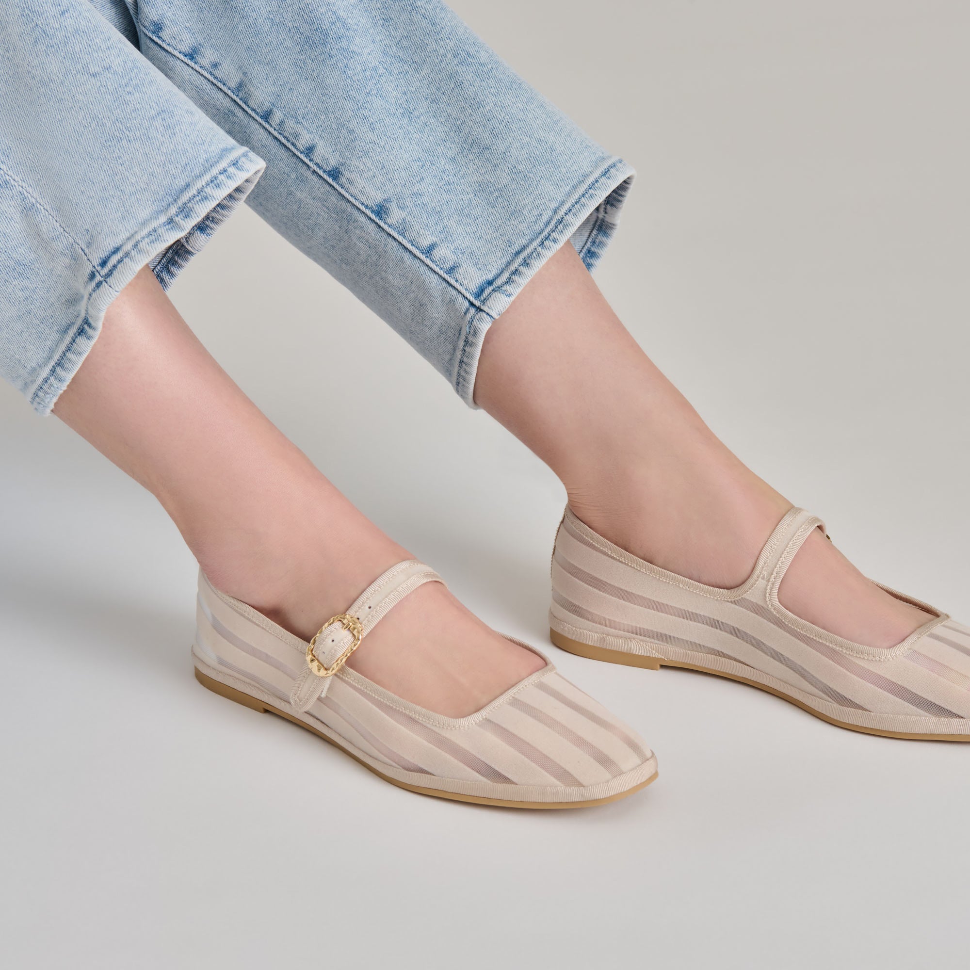 TAMEKA Women's Ballet Flats - Bone Stripe Mesh Slip-On Shoes for Comfort & Style | Perfect for Work, Casual Wear & Travel