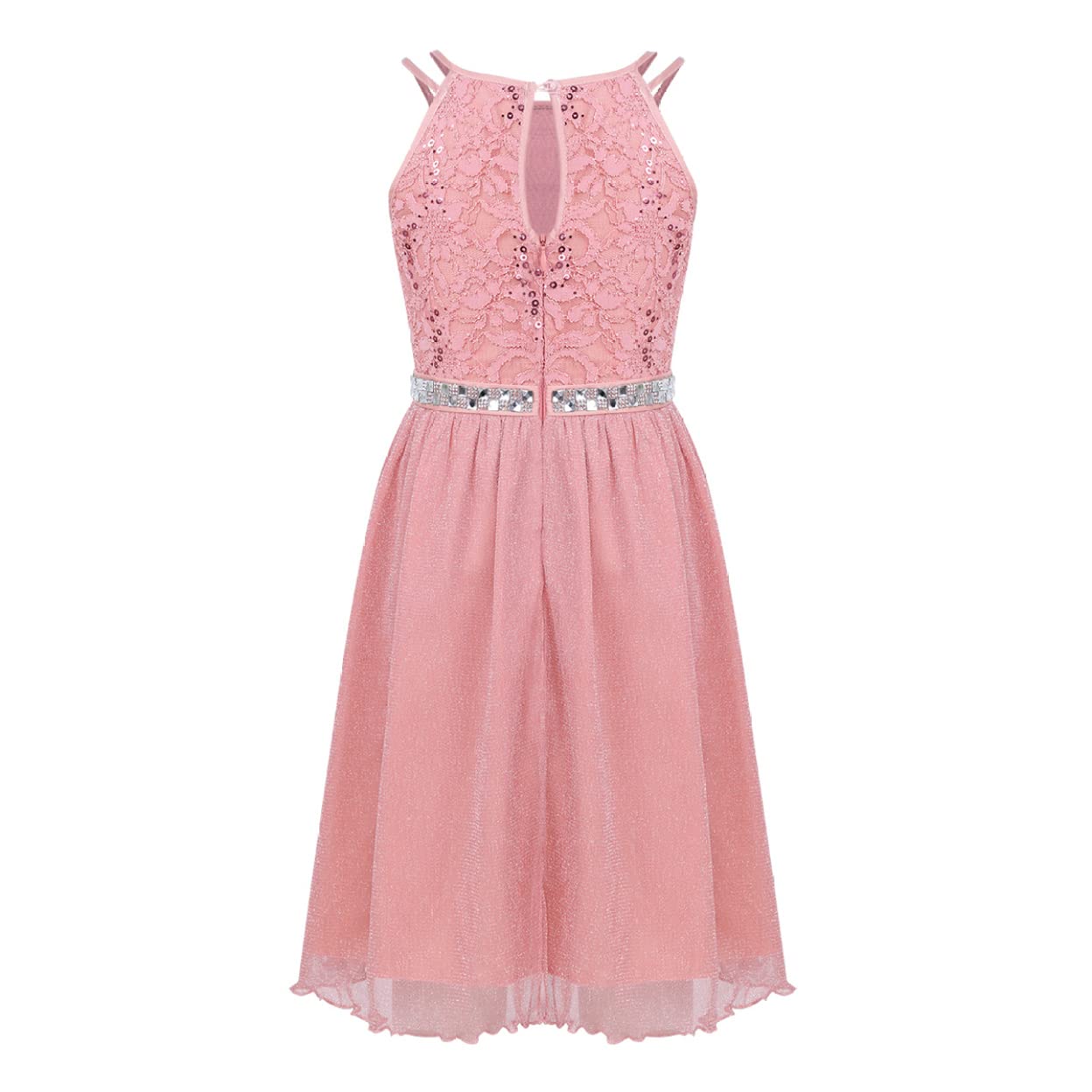 Sparkly Girls Halter Sequins Lace Chiffon Flower Dress for Junior Wedding, Bridesmaid & Prom Party | Perfect for Formal Events, Birthday Celebrations & Special Occasions