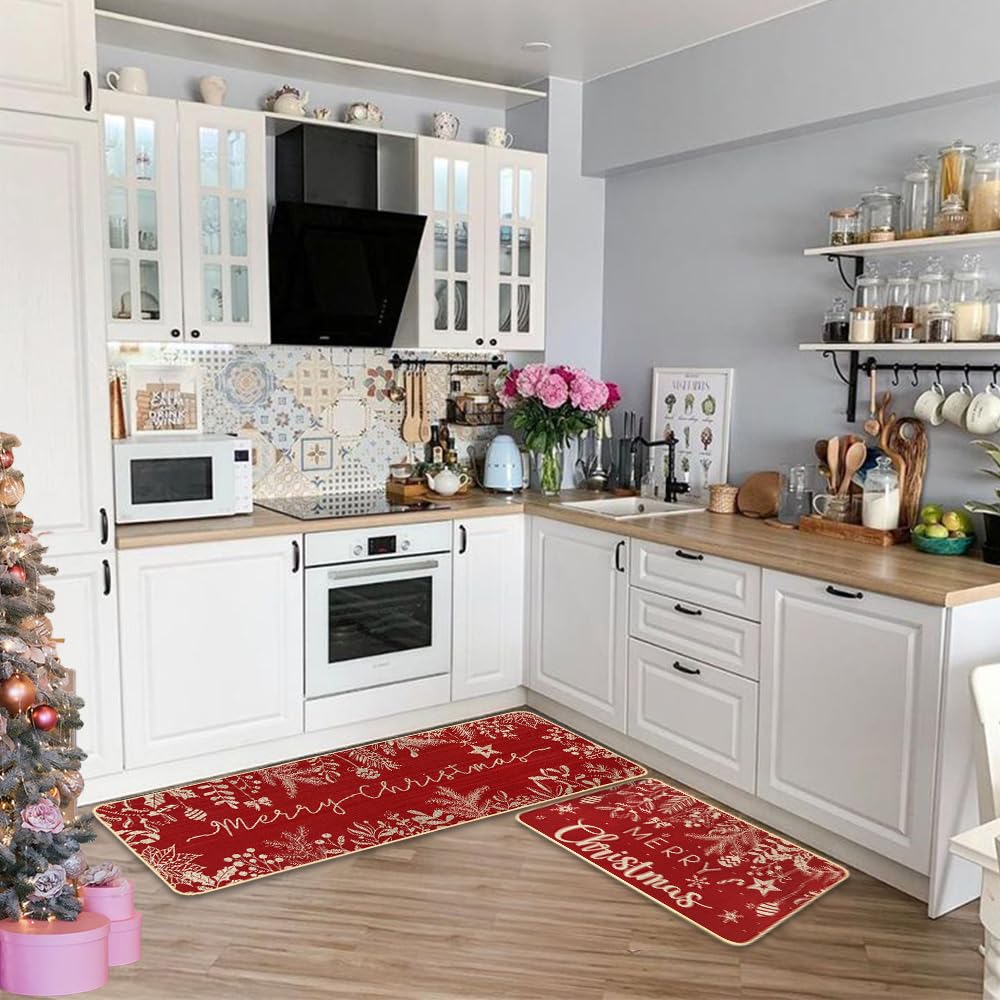 Christmas Kitchen Rugs Set of 2 - Non-Slip Holiday Floor Mats with Holly Pine Design for Xmas Decor, Red Winter Kitchen Mats for Farmhouse, Bedroom & Entryway - Perfect for Holiday Gatherings and Cozy Home Decor