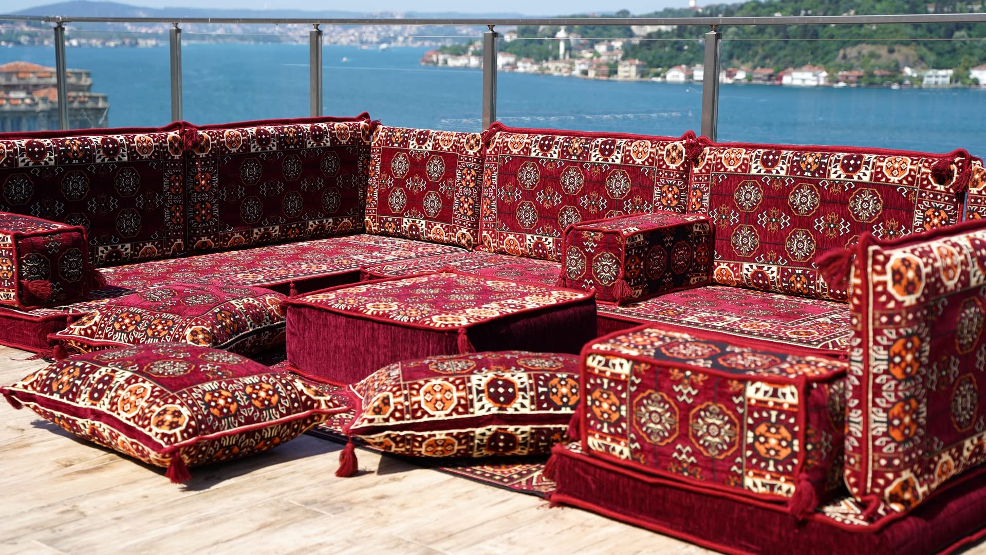 U-Shaped Arabic Sofa Set - Maroon Floor Cushions for Majlis & Home Decor