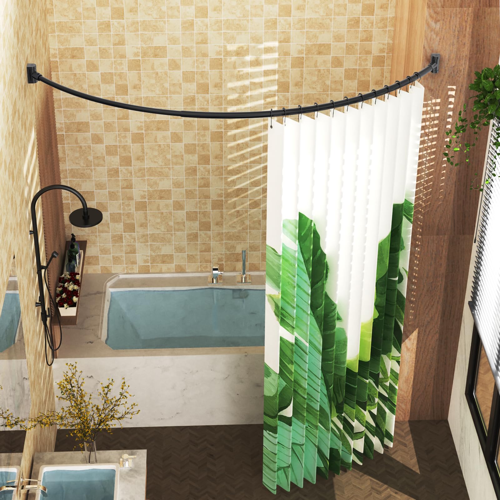 Adjustable Curved Shower Curtain Rod 38-72 Inches - Heavy Duty Metal Round Shower Rod with Rotating Brackets for Spacious Bathrooms (Black, Requires Drilling) - Perfect for Creating Extra Shower Space & Luxury Bathroom Experience