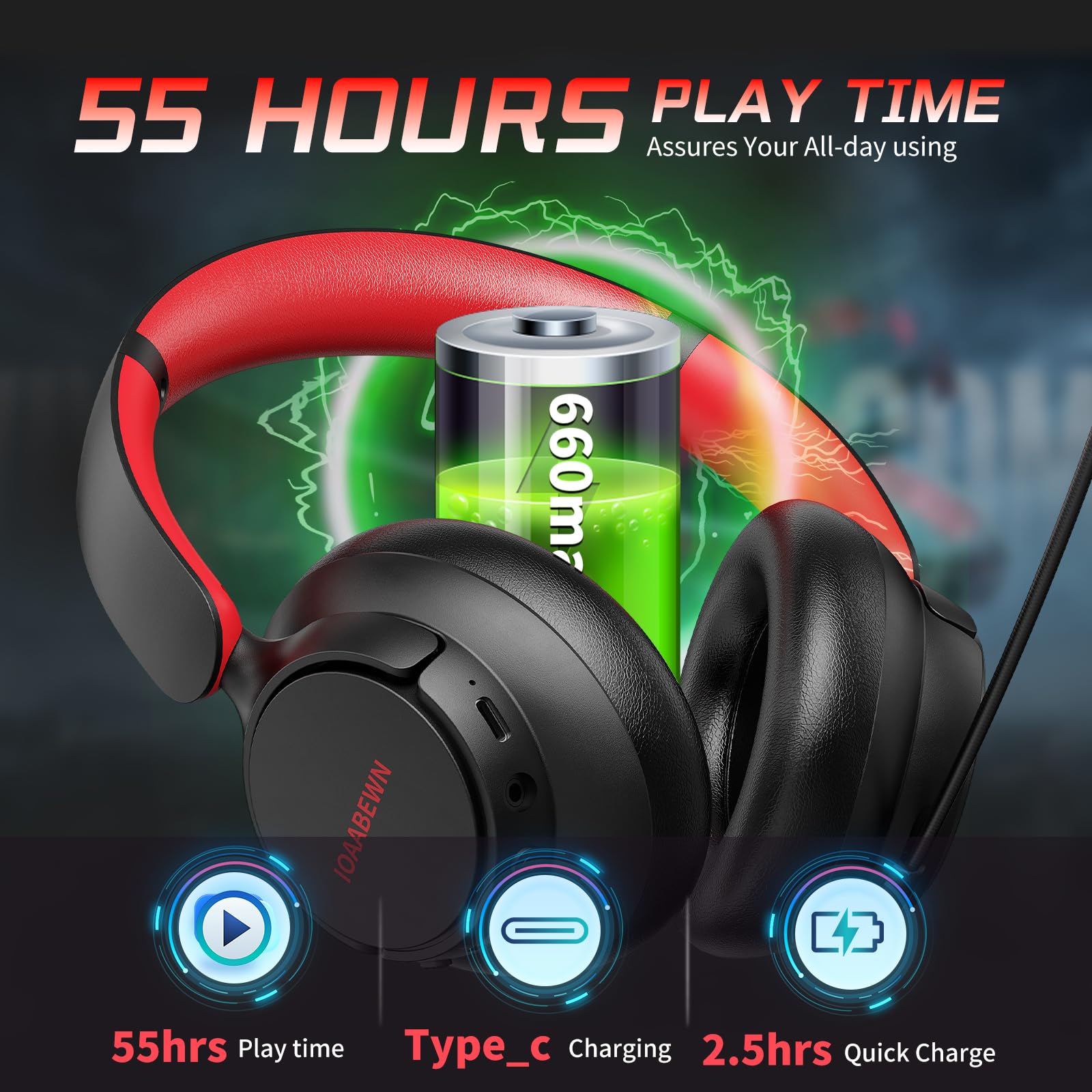 Wireless Gaming Headset for PS5, PS4, PC & Switch - 55Hr Battery Life, 2.4Ghz/Bluetooth 5.3 with Noise-Canceling Mic - Black & Red Design for Pro Gamers & Streaming (Compatible with Playstation 5, Xbox, Nintendo Switch & Desktop Computers)