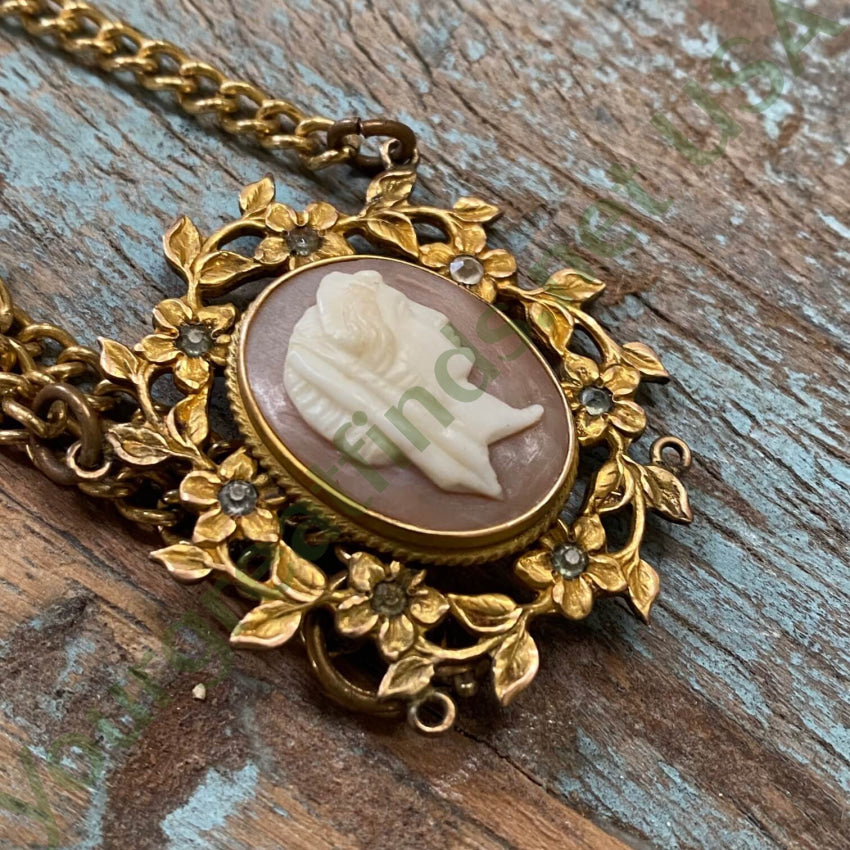 Vintage Gold Filled Cameo Necklace with Rhinestones - Elegant Antique Jewelry for Women, Perfect for Weddings, Parties & Special Occasions