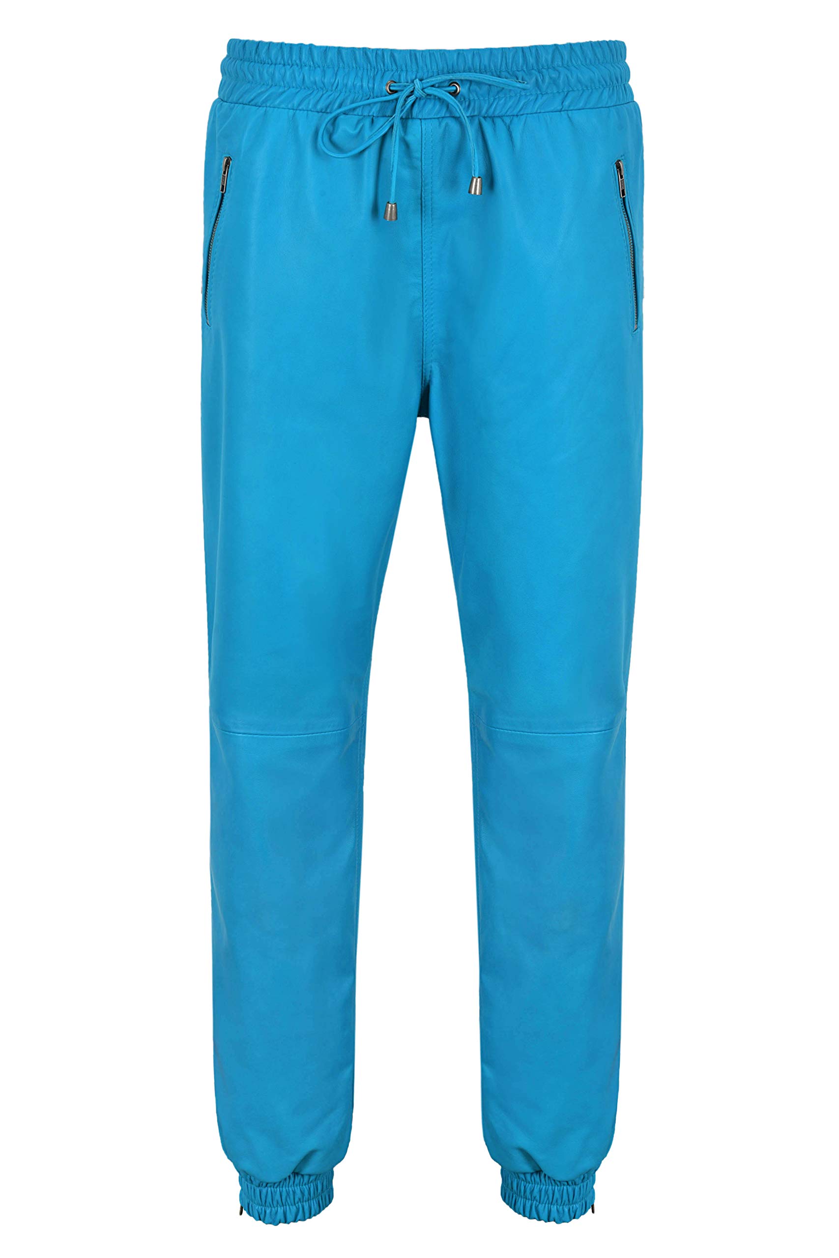 Men's Real Leather Jogger Pants with Zip Pockets - Electric Blue Sweatpants for Casual Wear & Gym | Comfortable Track Bottoms for Running & Lounge