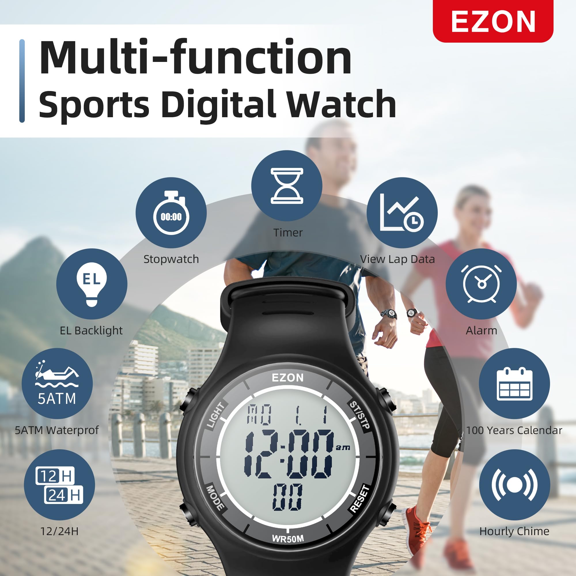 EZON Digital Sports Watch for Men & Women - 5ATM Waterproof, Stopwatch, Countdown Timer, Chronograph, Lap Timing, EL Backlight, Alarm - Perfect for Swimming, Running, Gym & Outdoor Activities